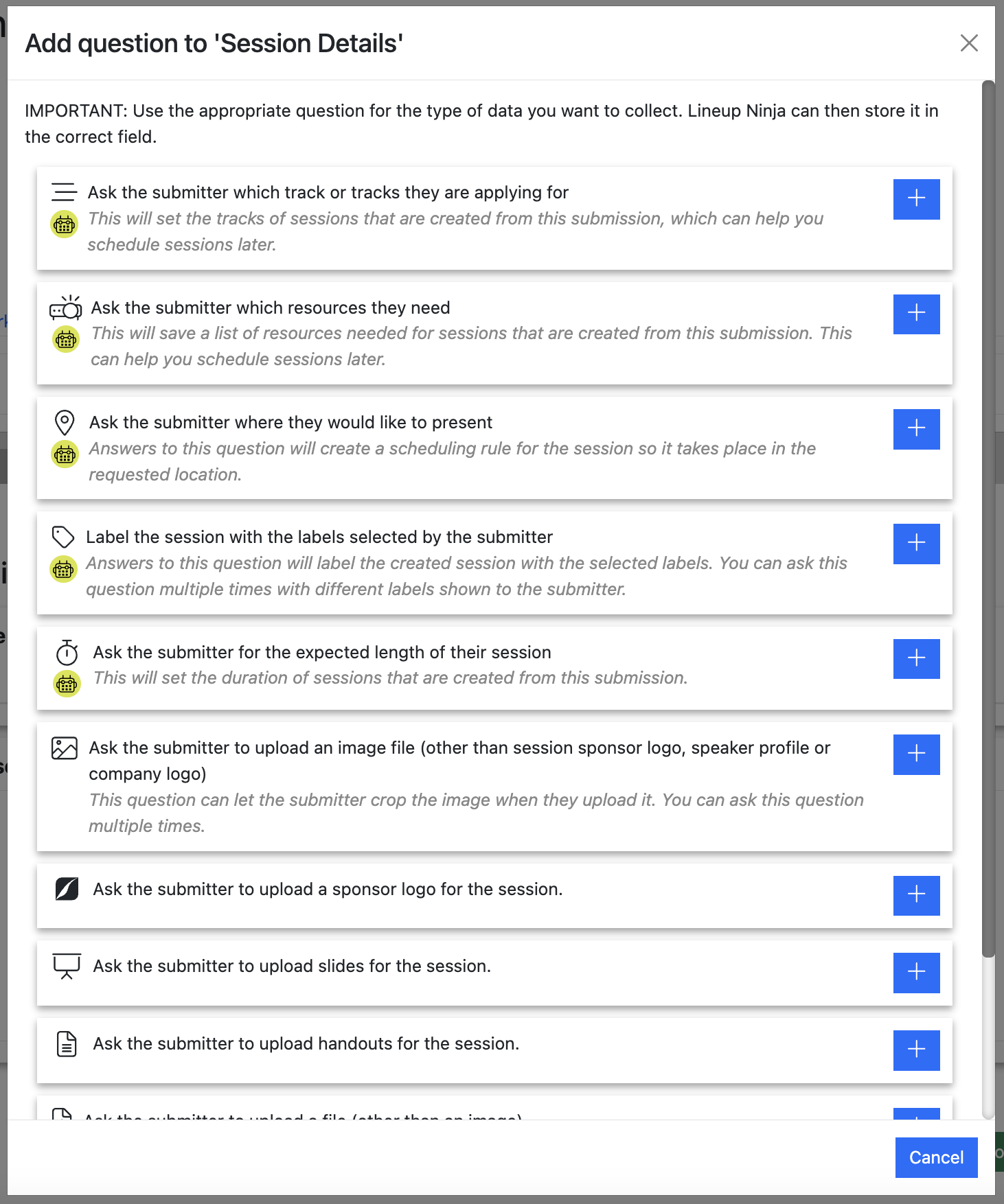 screenshot of the list of standard session questions