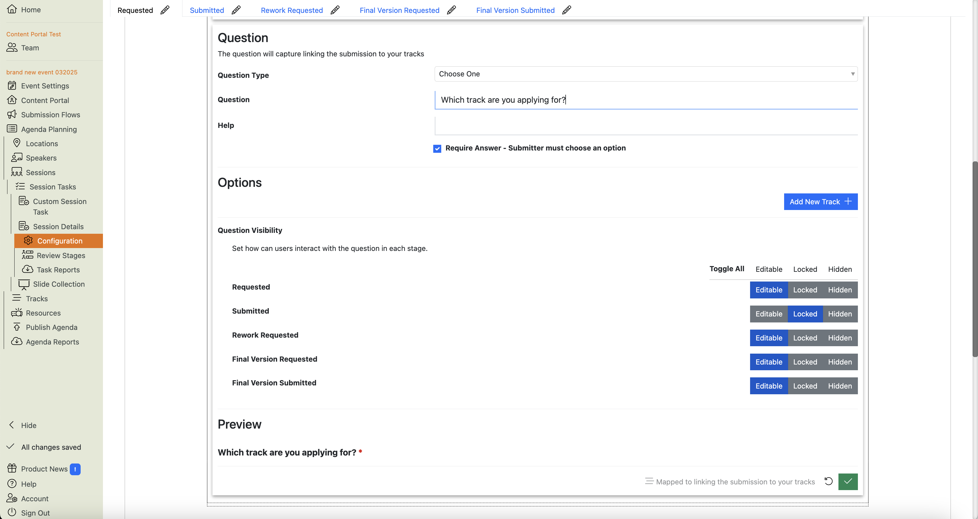 Screenshot of the Session Details Task Configuration page showing the Task question open for editing