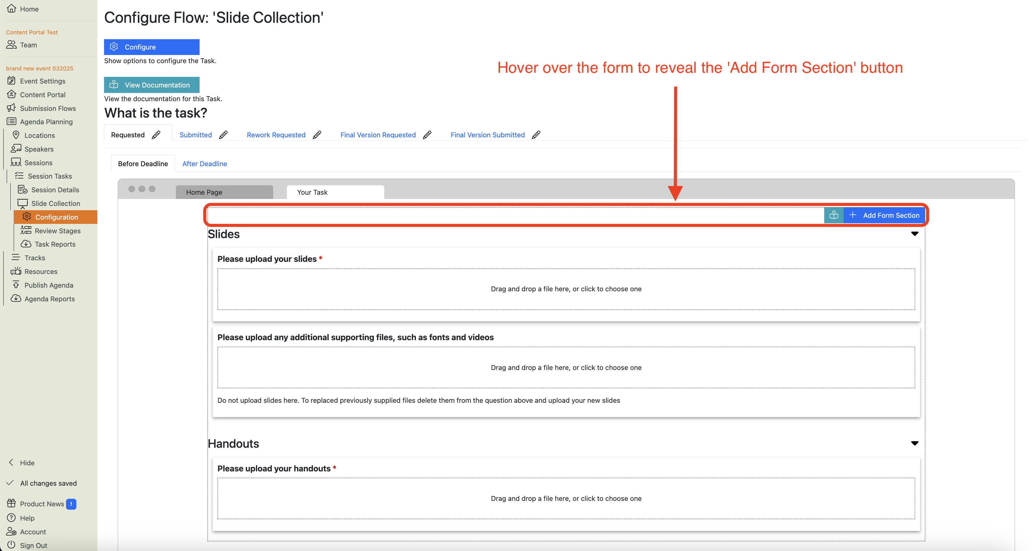 Screenshot of the Slide Collection Task Configuration Main View, showing the effect of hovering over the form