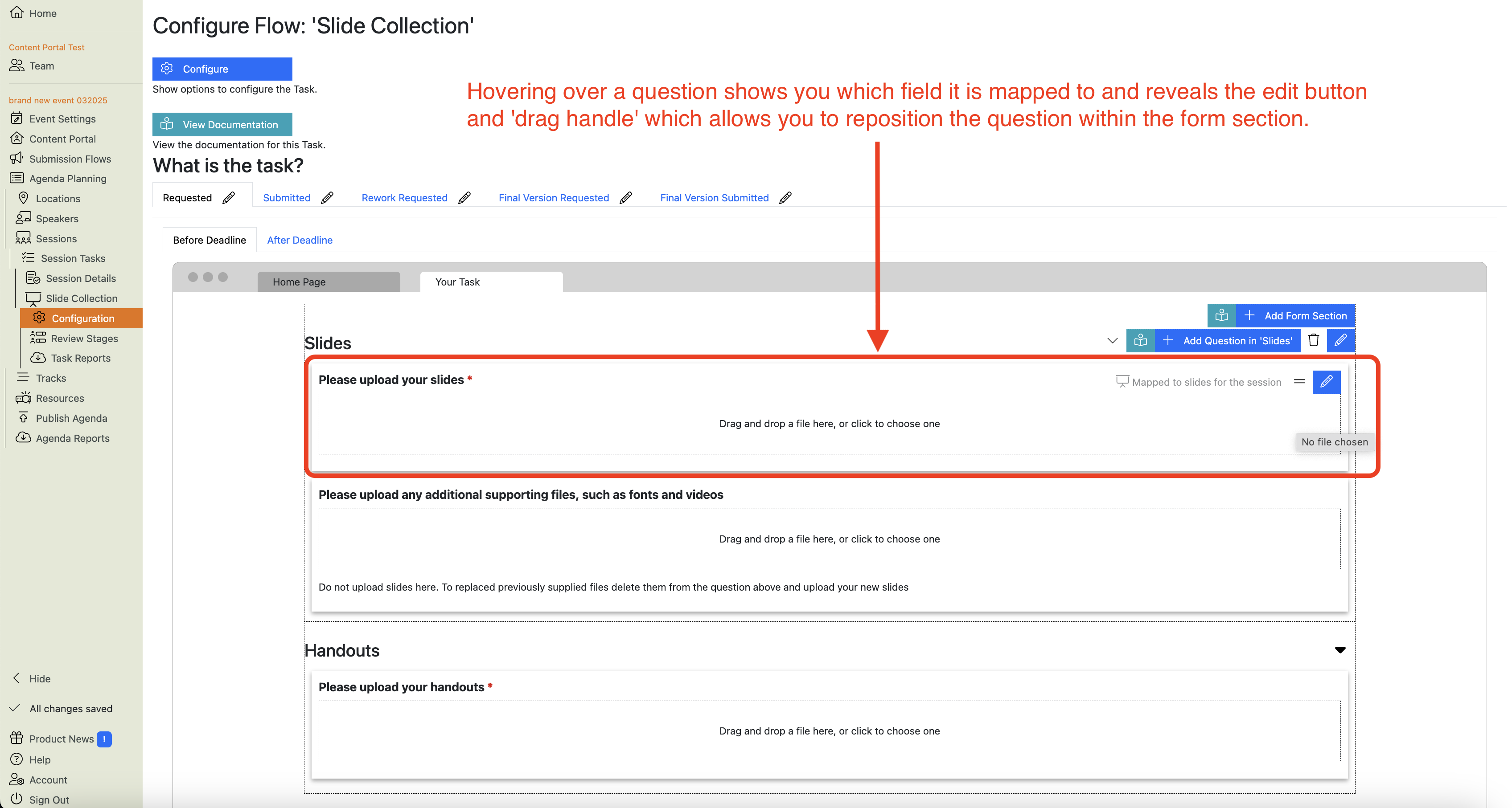 Screenshot of the Slide Collection Task Configuration: showing the effect of hovering over a question