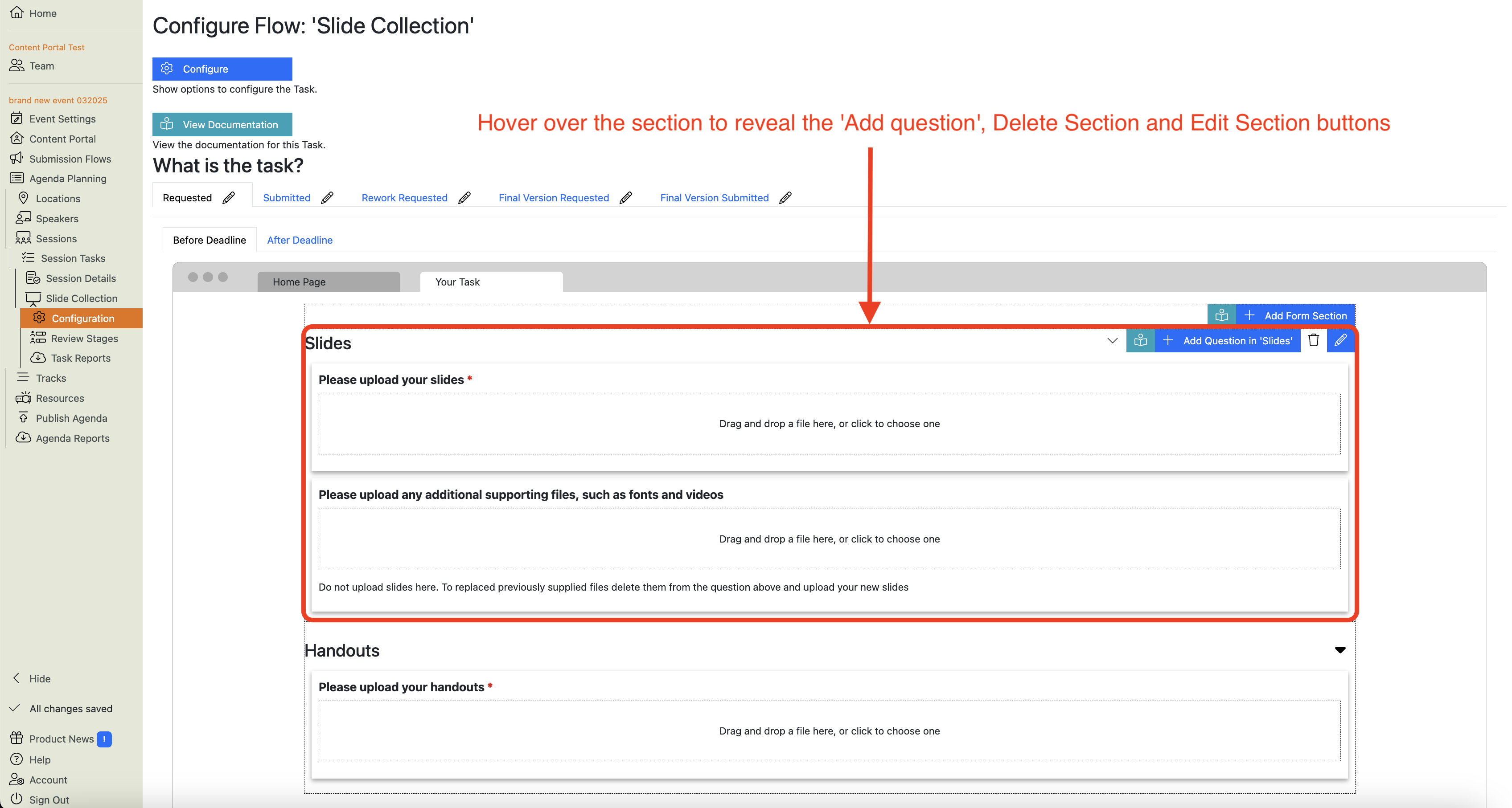 Screenshot of the Slide Collection Task Configuration main view showing the effect of: hovering over a form section