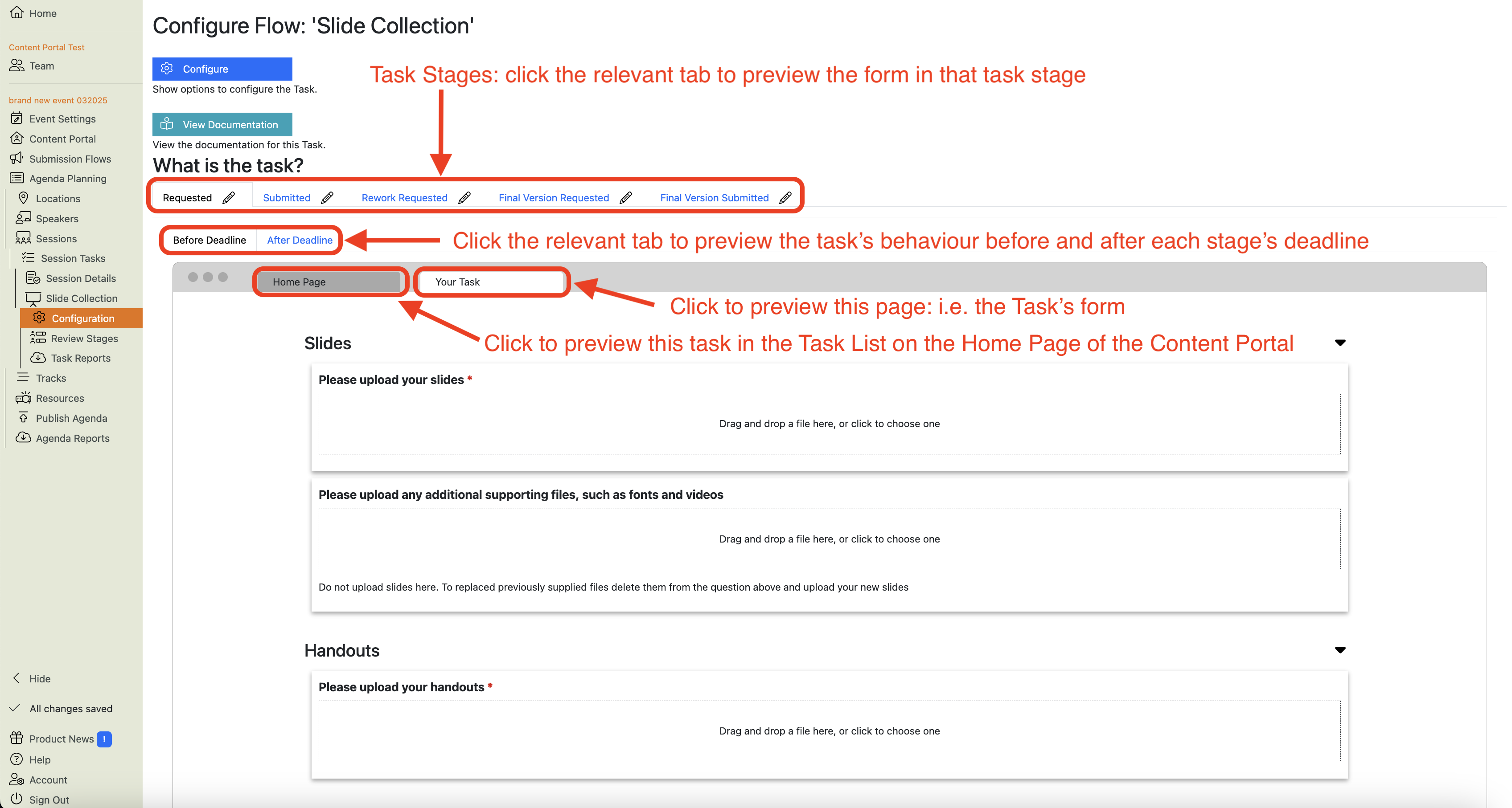 Screenshot showing the Slide Collection Task Configuration Main View with the various elements highlighted