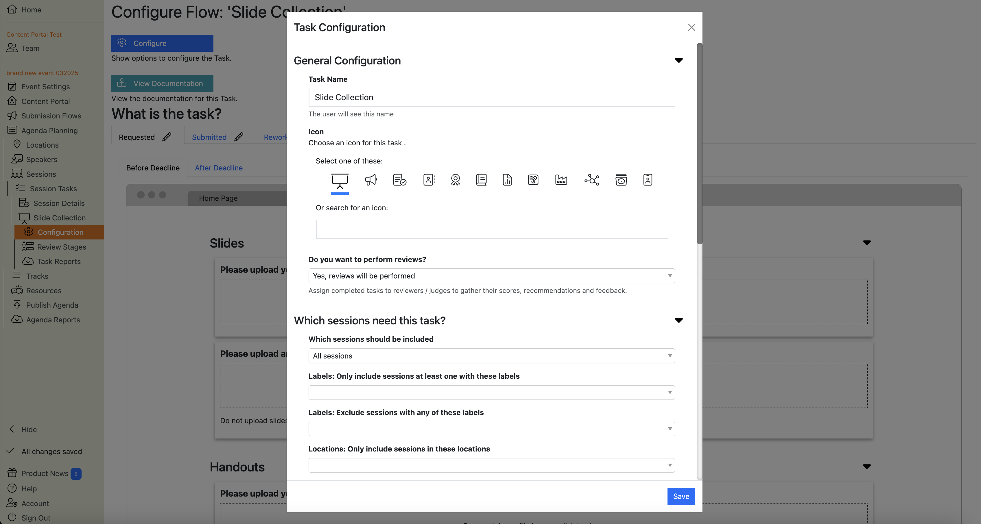 Screenshot of the Slide Collection Task Configuration Page
