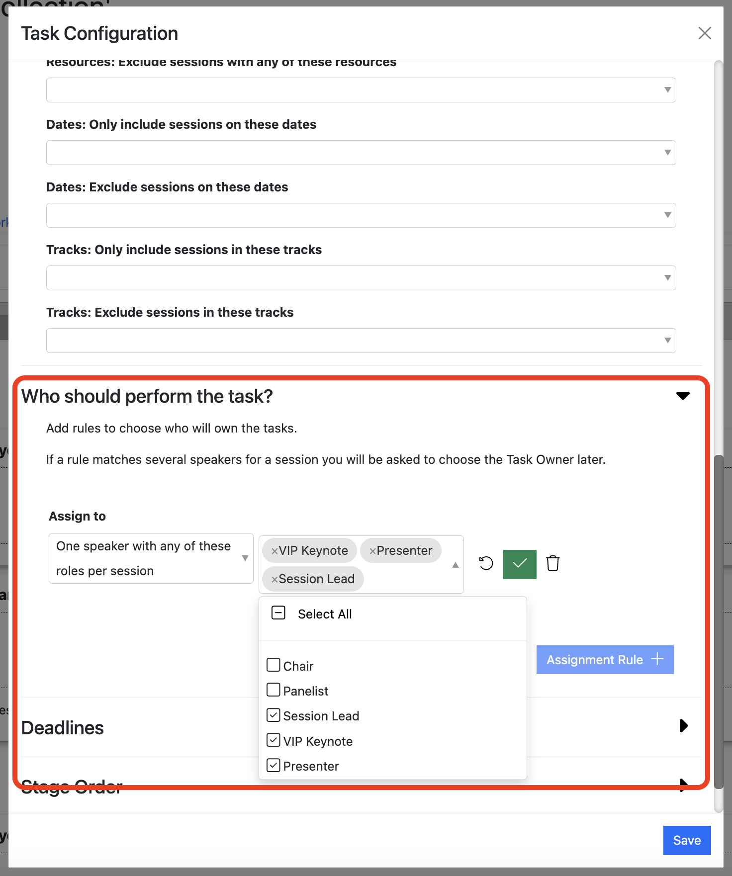 Screenshot of the Slide Collection Task Configuration highlighting the "Task owner rules" section
