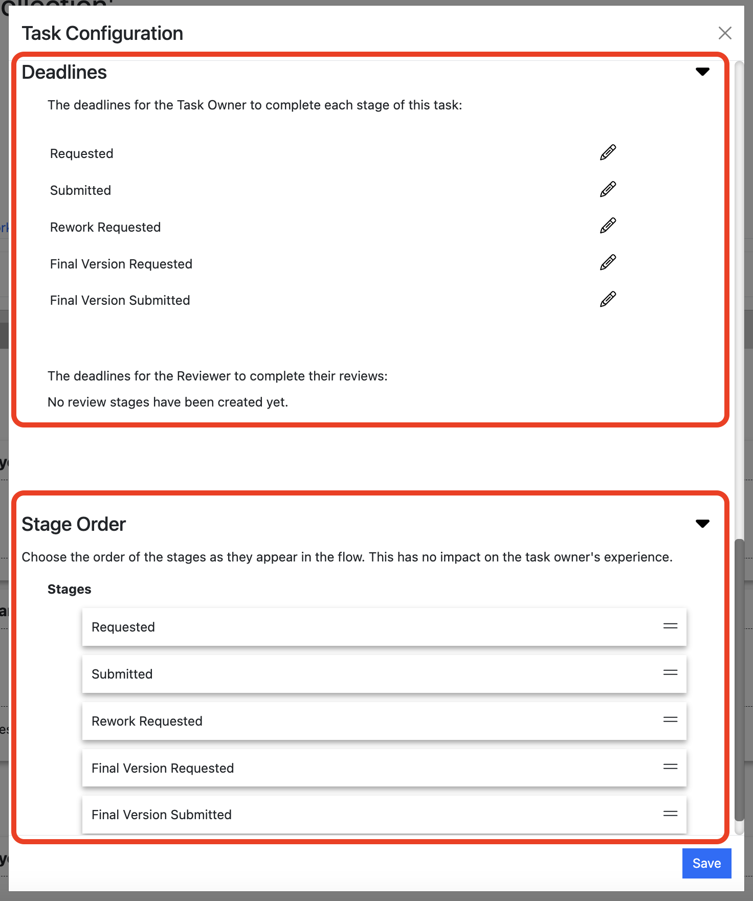 Screenshot of the Slide Collection Task configuration, highlighting the "Stage Deadlines" and "Stage Order" sections