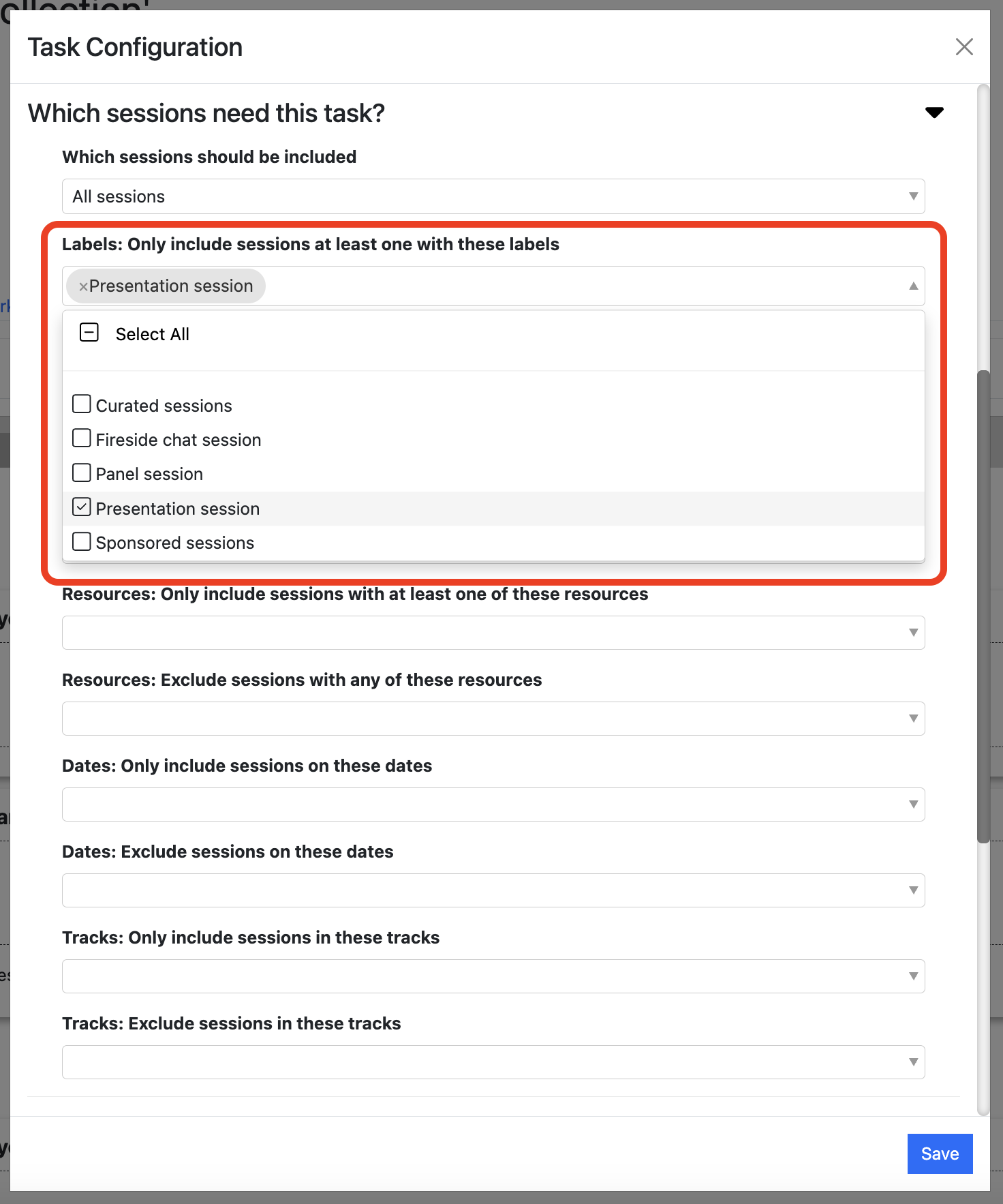 Screnshot of the Slide Collection Task configuration dialogue, highlighting the ‘Which Sessions’ section
