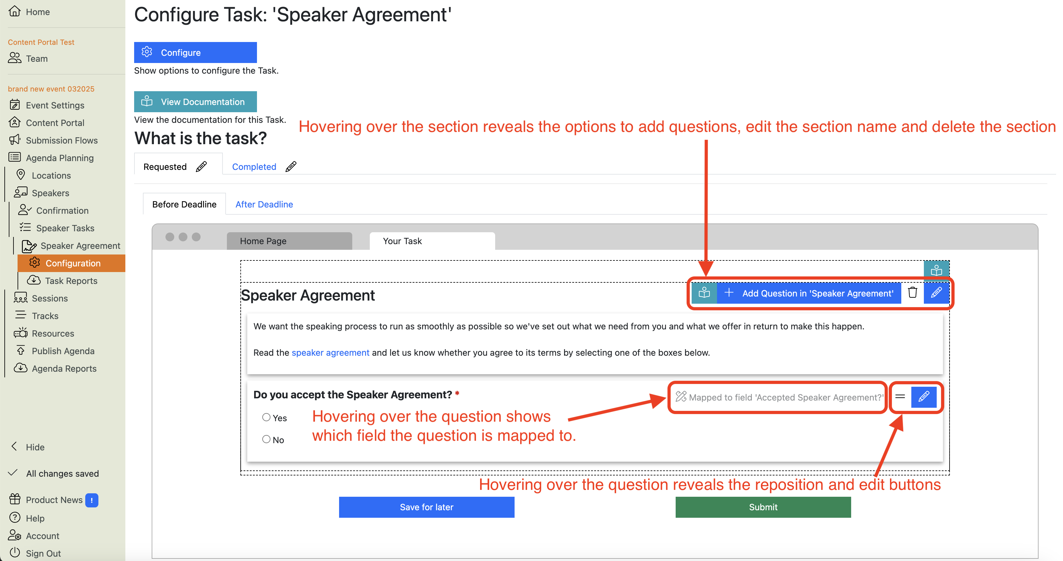 Screenshot of the Speaker Agreement Task configuration main view: showing the effect of hovering over form sections and questions