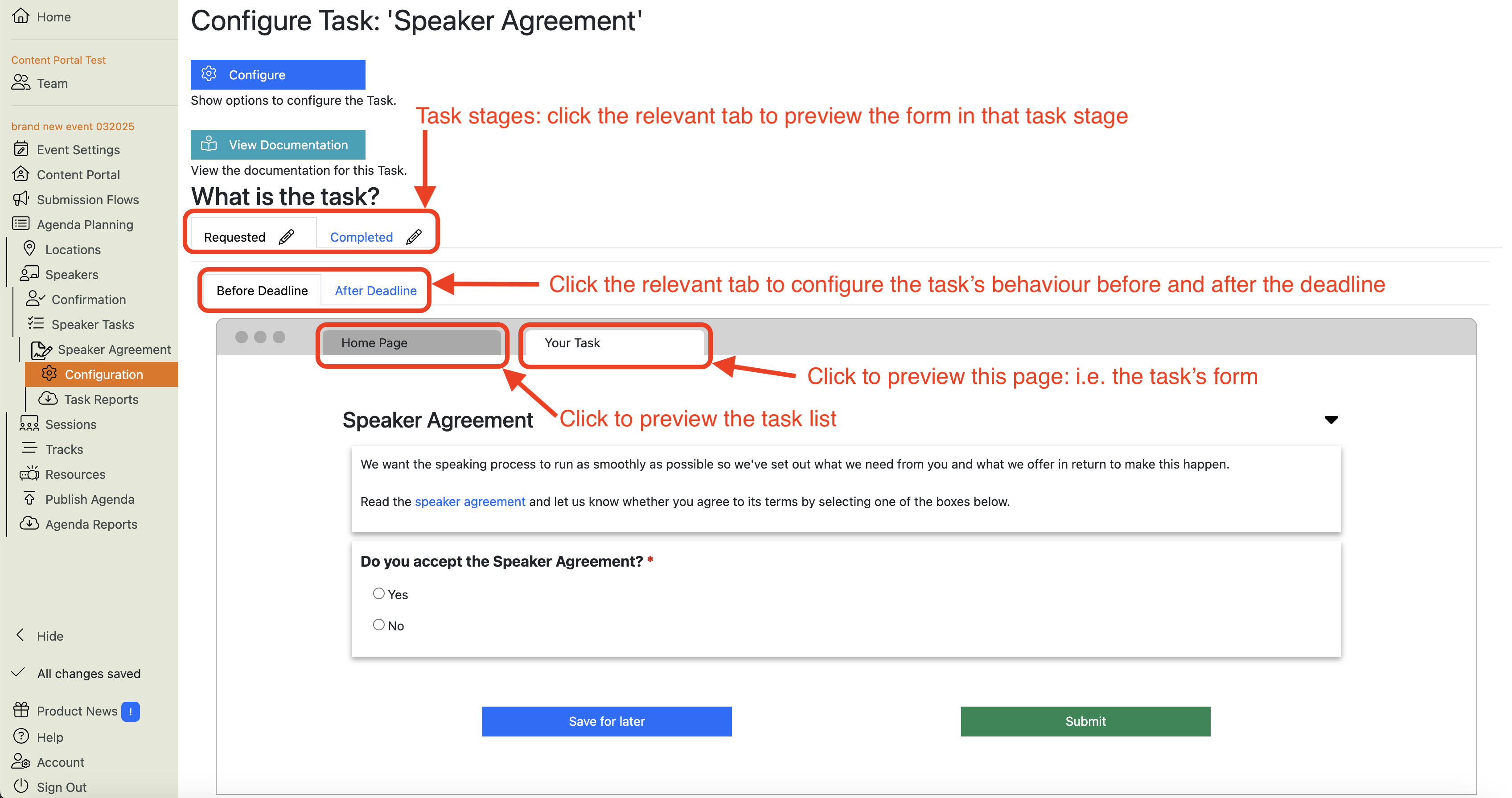 Screenshot of the Speaker Agreement Task configuration Main View with various buttons highlighted