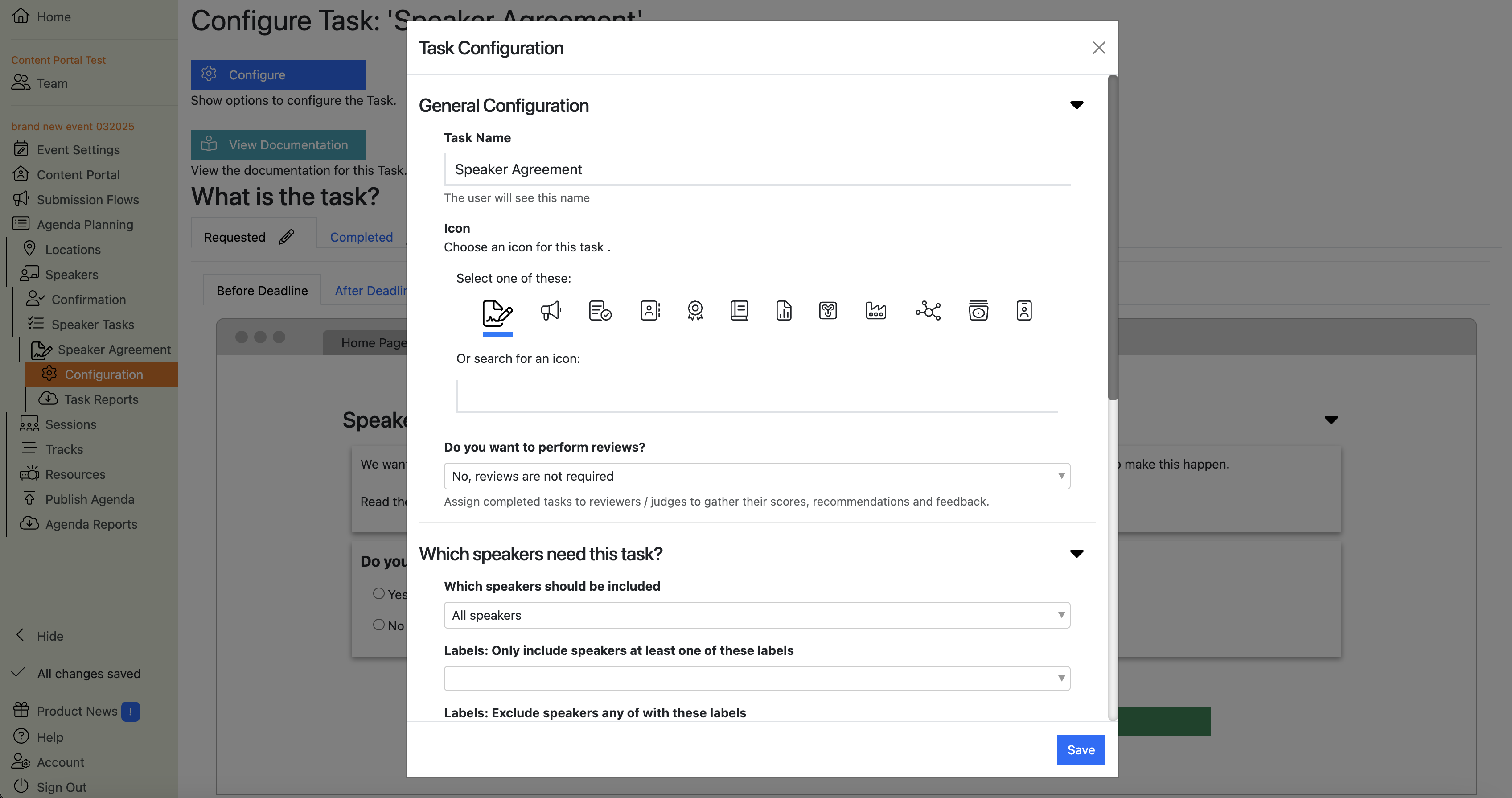 Screenshot of the Speaker Agreement Task configuration page