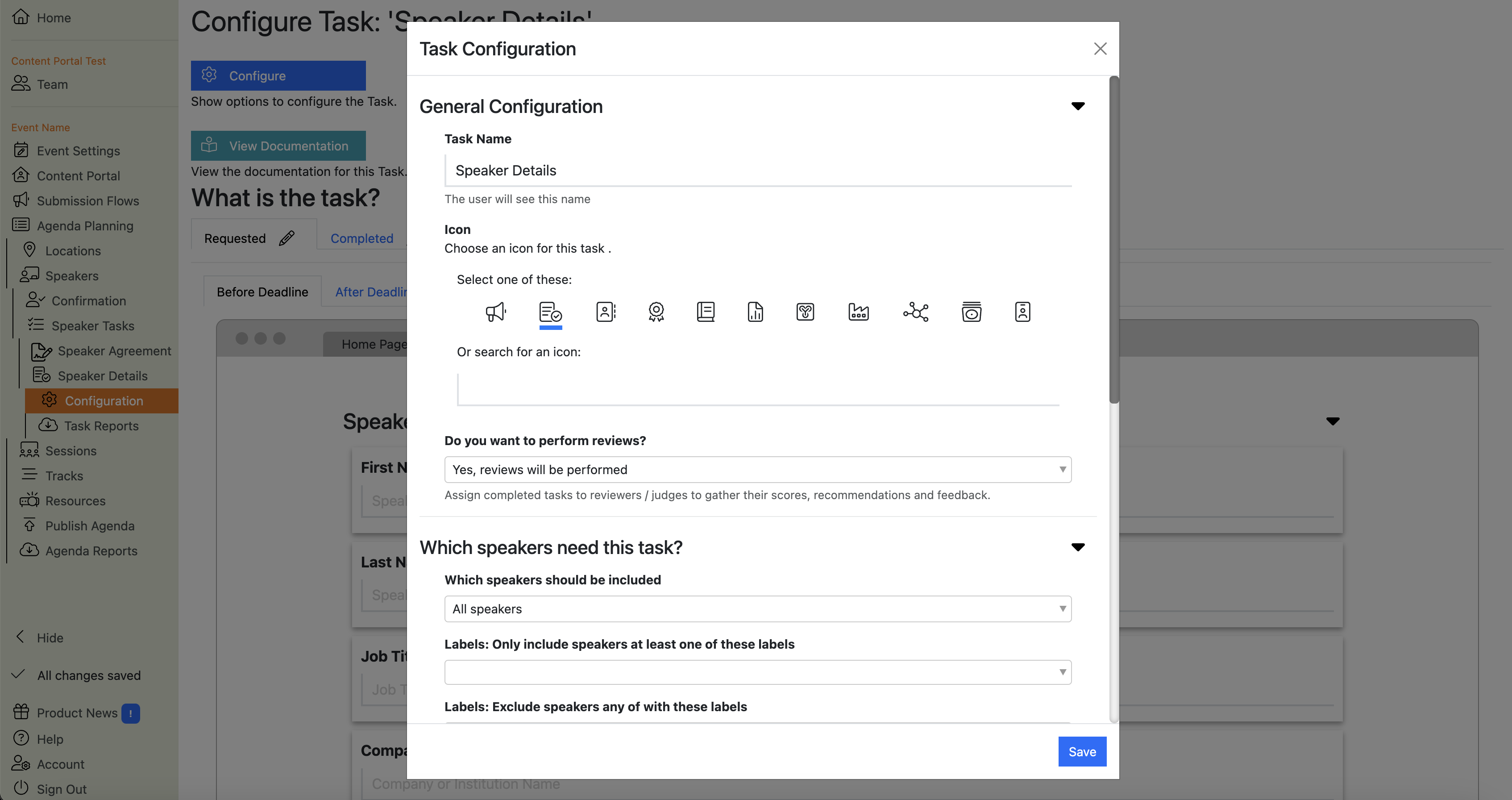 Screenshot of the Speaker Details Task Configuration page, with the configuration dialogue box open for editing