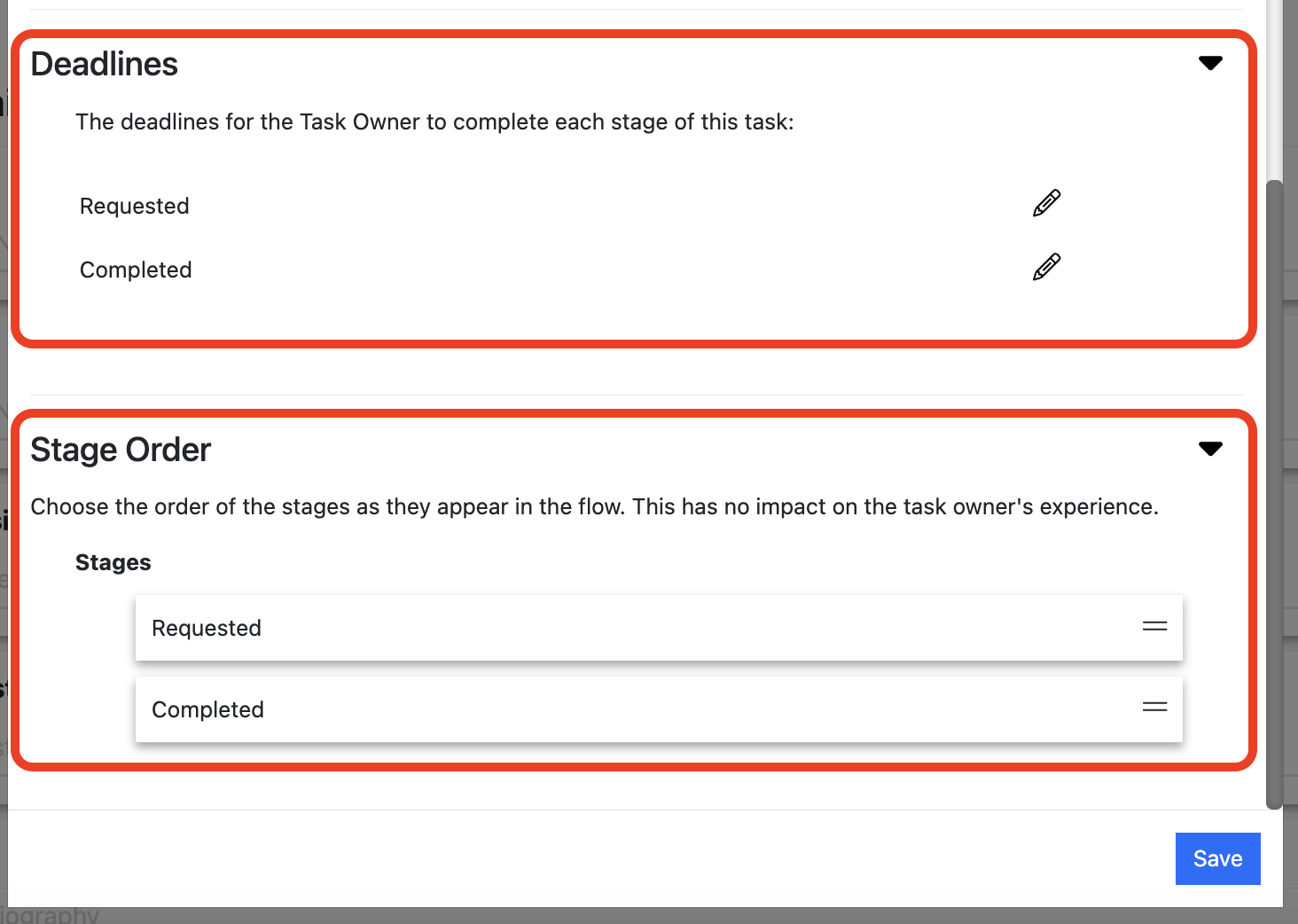 Screenshot of the Speaker Agreement Task configuration dialogue pop-up with the deadlines and stage order sections highlighted