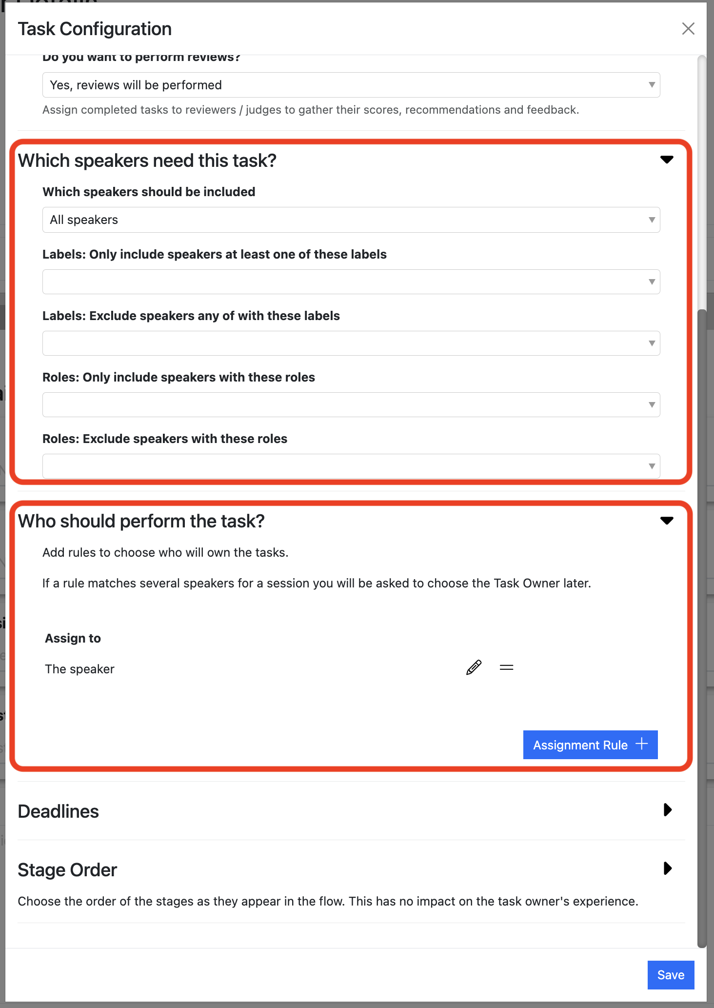 Screenshot of the Speaker Agreement Task configuration dialogue pop-up - with the "which speakers need this task" and "who should be the task owner" sectionshighlighted