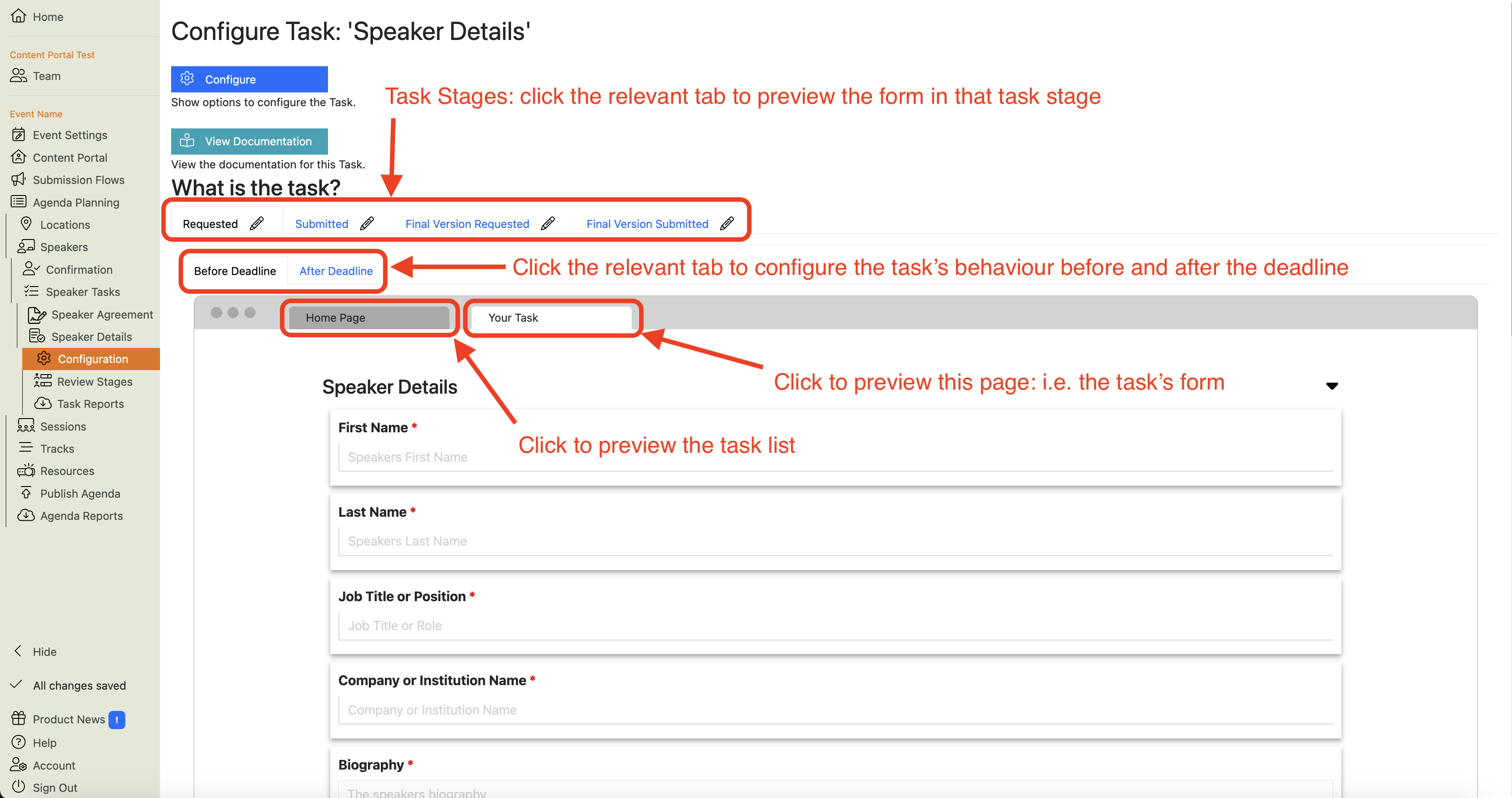 Screenshot showing the Speaker Details Task Configuration Main View with the Task Stages highlighted