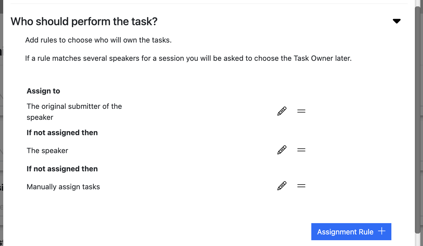 Screenshot showing the Hotel Requirements Task - task owner assignment rules configuration