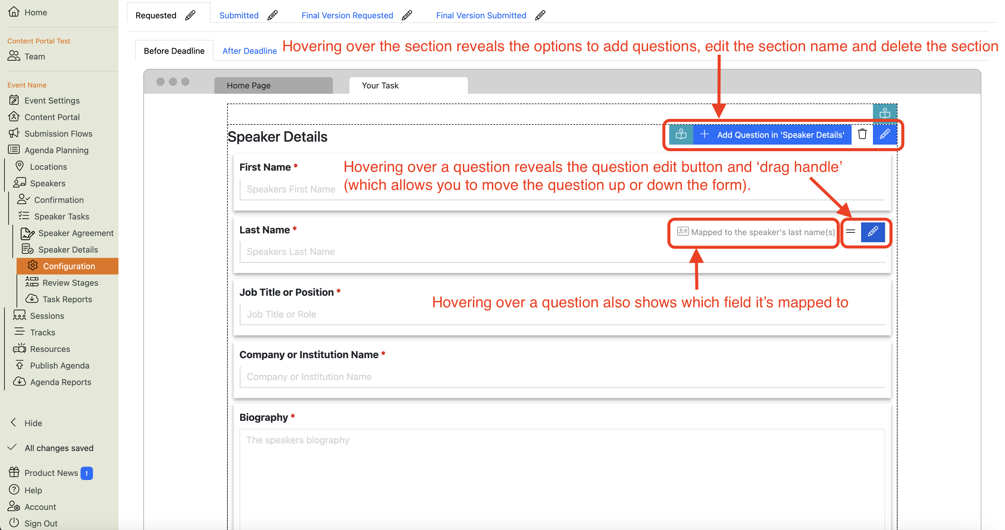 Screenshot showing the speaker details task configuration main view while hovering over the speaker details section of the form to reveal action buttons