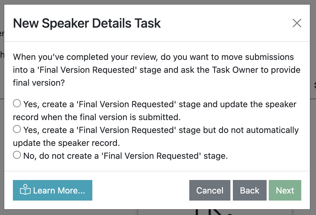 Screenshot showing the Speaker Details Task Wizard with the Final Version Requested? question