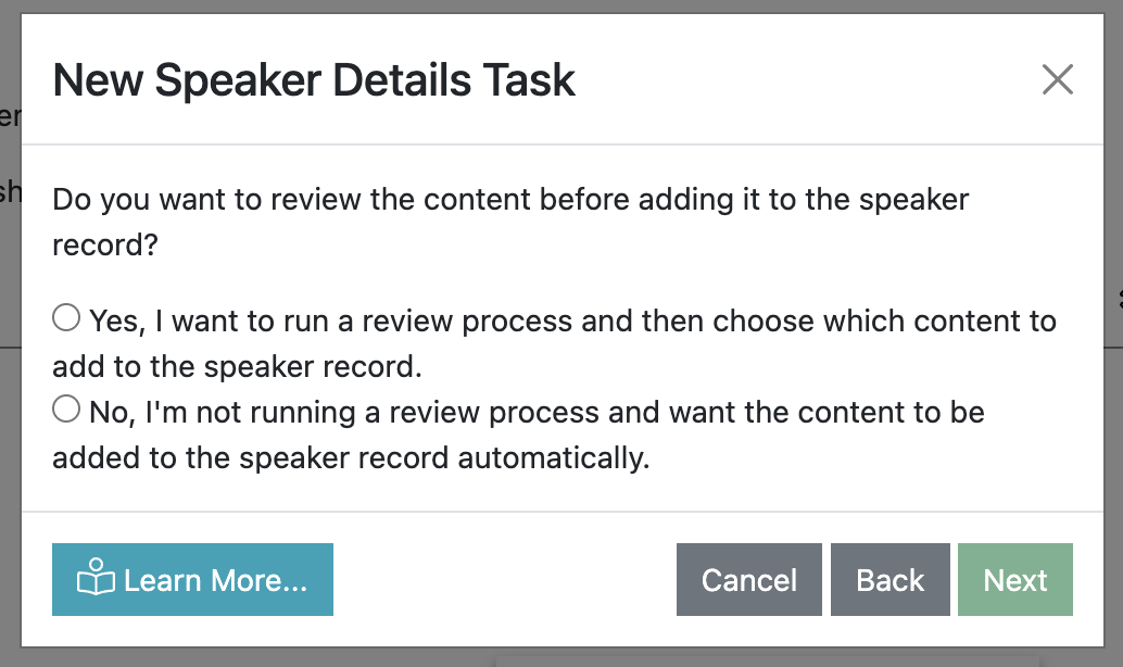 Screenshot of the new speaker details wizard page which asks whether the users wants to review speaker details before adding them to the speaker record