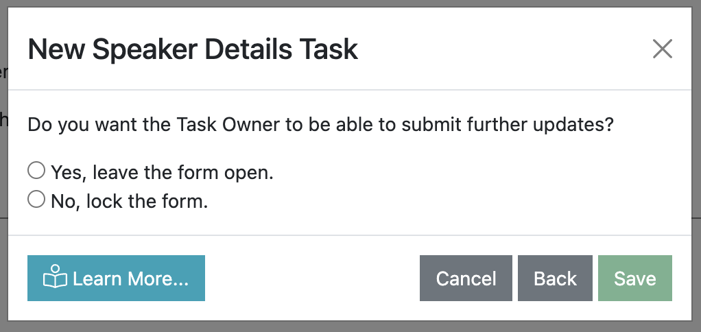 Screenshot of the New Speaker Details Task wizard showing the question asking if the form should be locked at the end of the process or not.