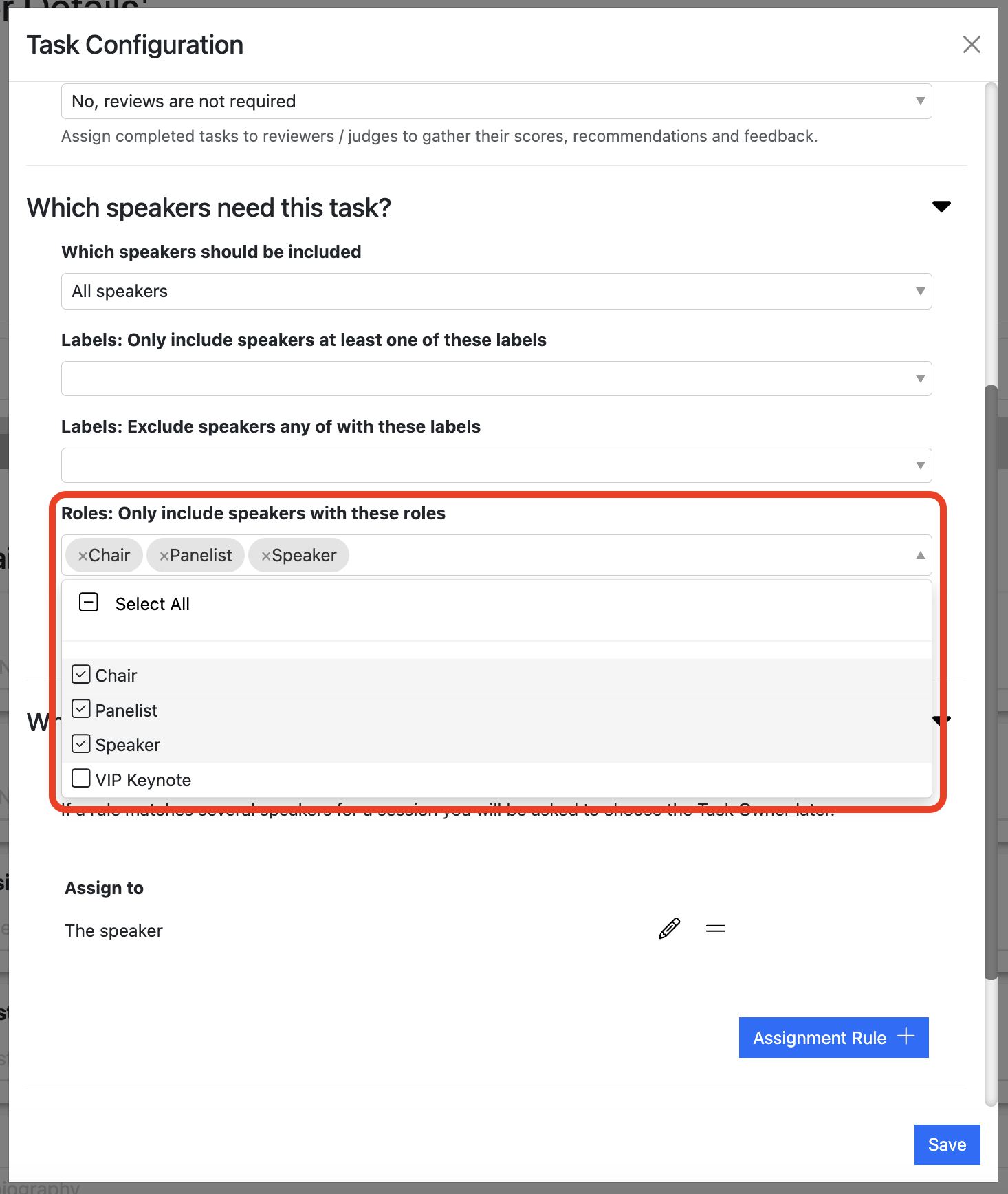 Screenshot showing the Task Configuration Dialogue pop-up, with the "Which speakers need this task" section highlighted