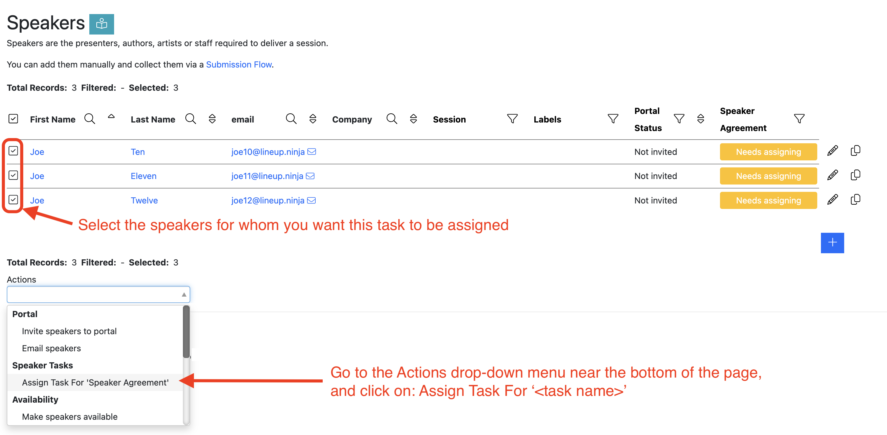 Screenshot showing the speaker list table, with instructions on how to assign tasks in bulk