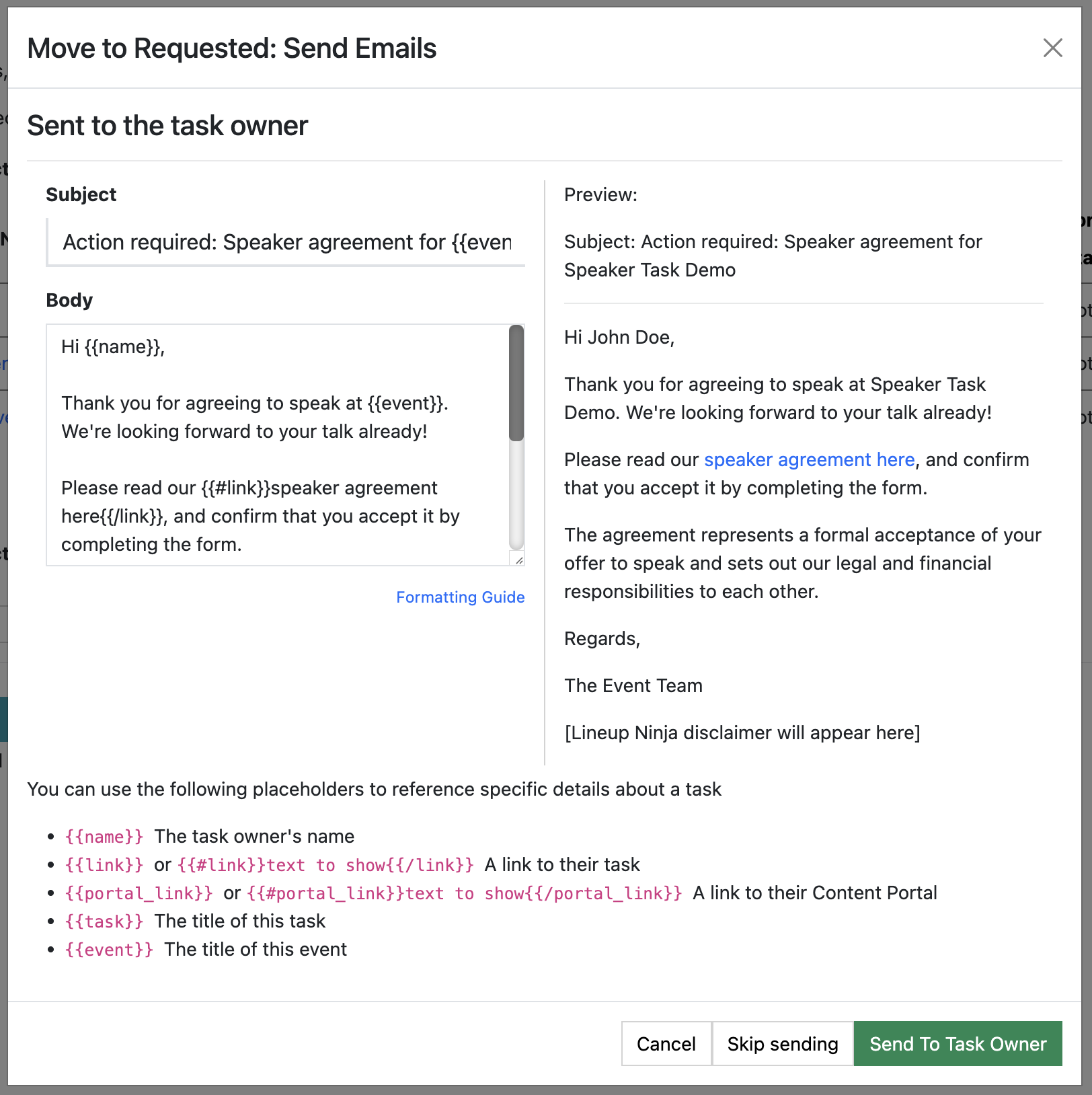 Screenshot of the "Request Task" email template