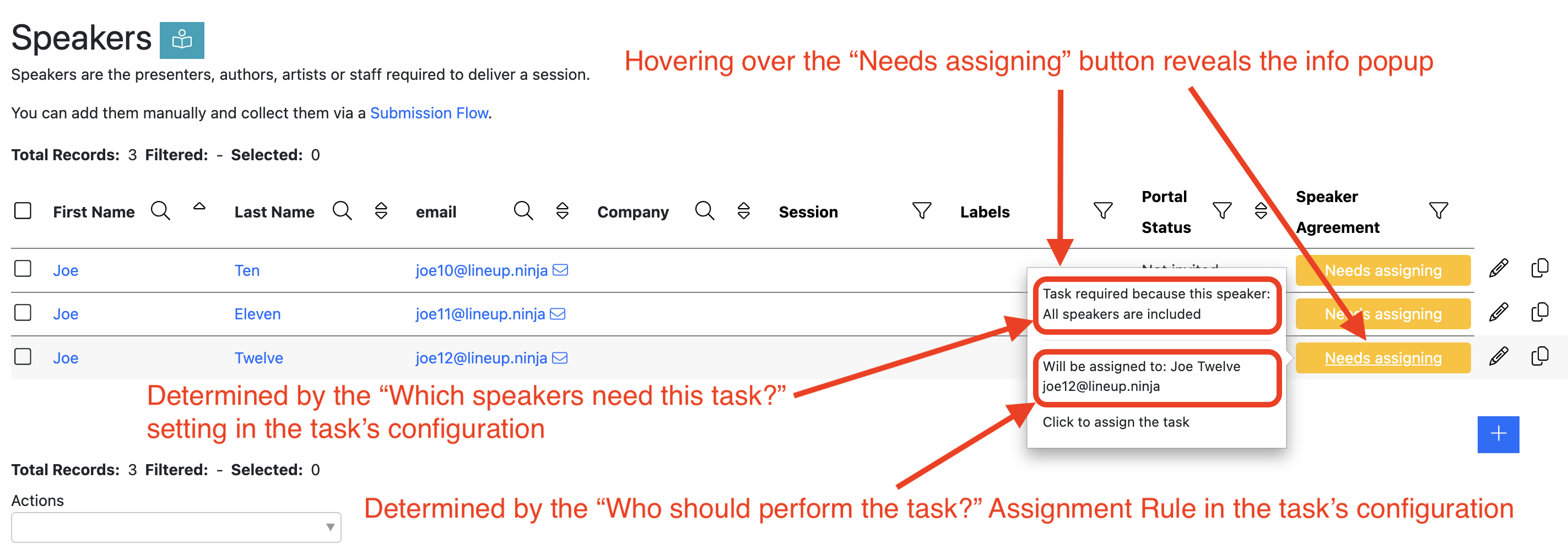 Screenshot of the speaker list showing the effect of hovering over a Speaker task’s status button