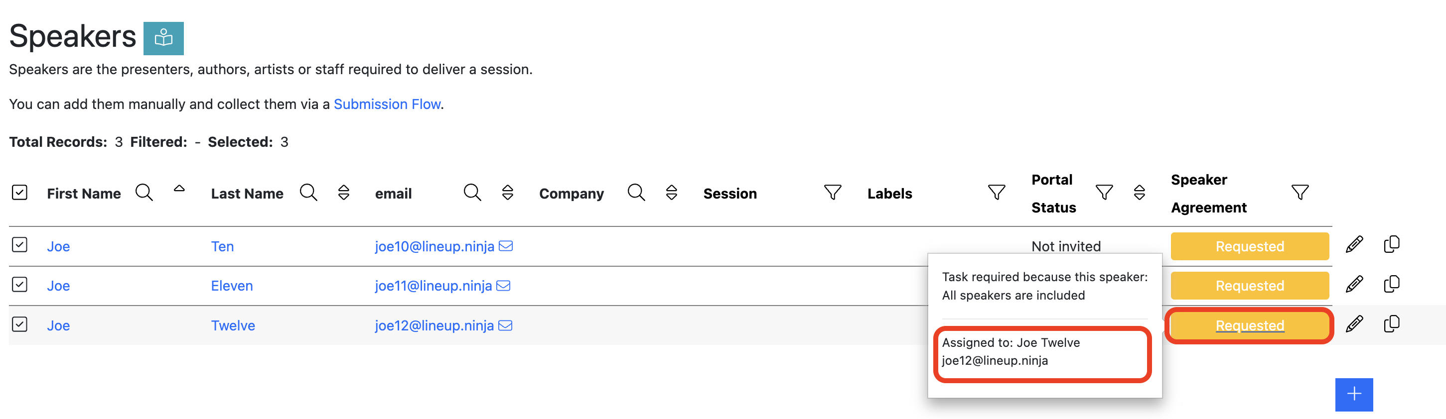 Screenshot of the Speaker List showing the Speaker Task status buttons now showing that the tasks are in "Requested" state