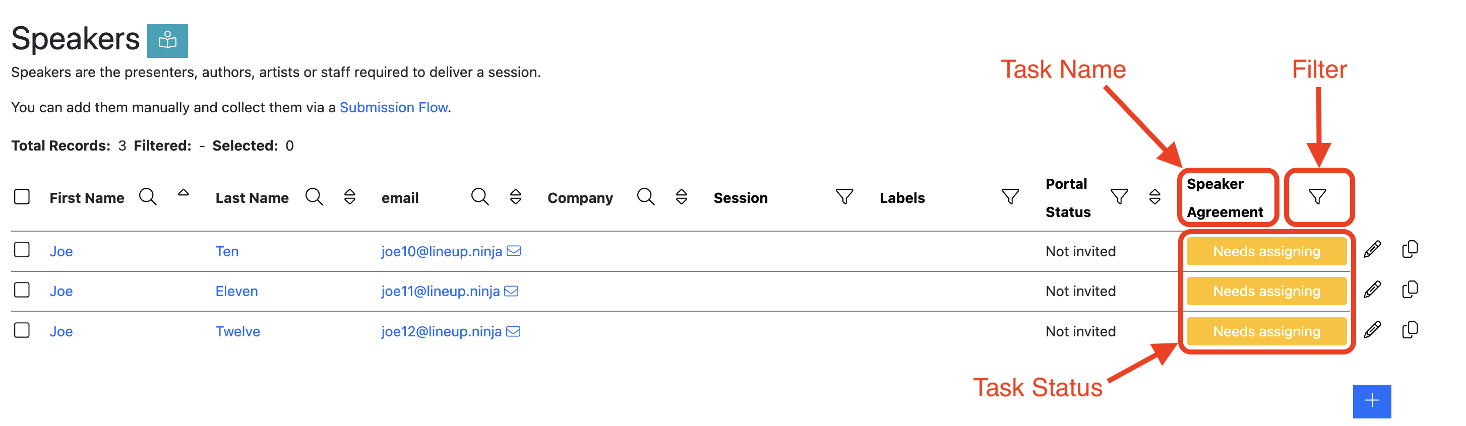 Screenshot of the speaker list table showing a column for the speaker task "Speaker Agreement"