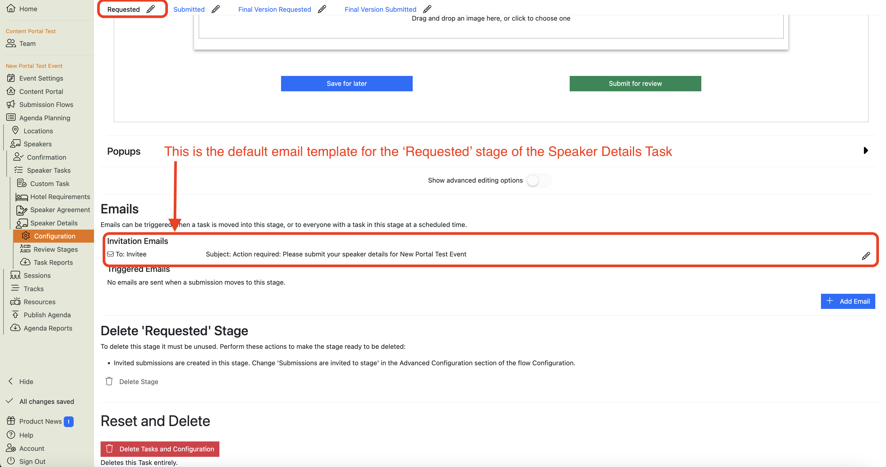 Screenshot of the Speaker Details Task Configuration page, highlighting the default email template for the ‘Requested’ stage of the Task