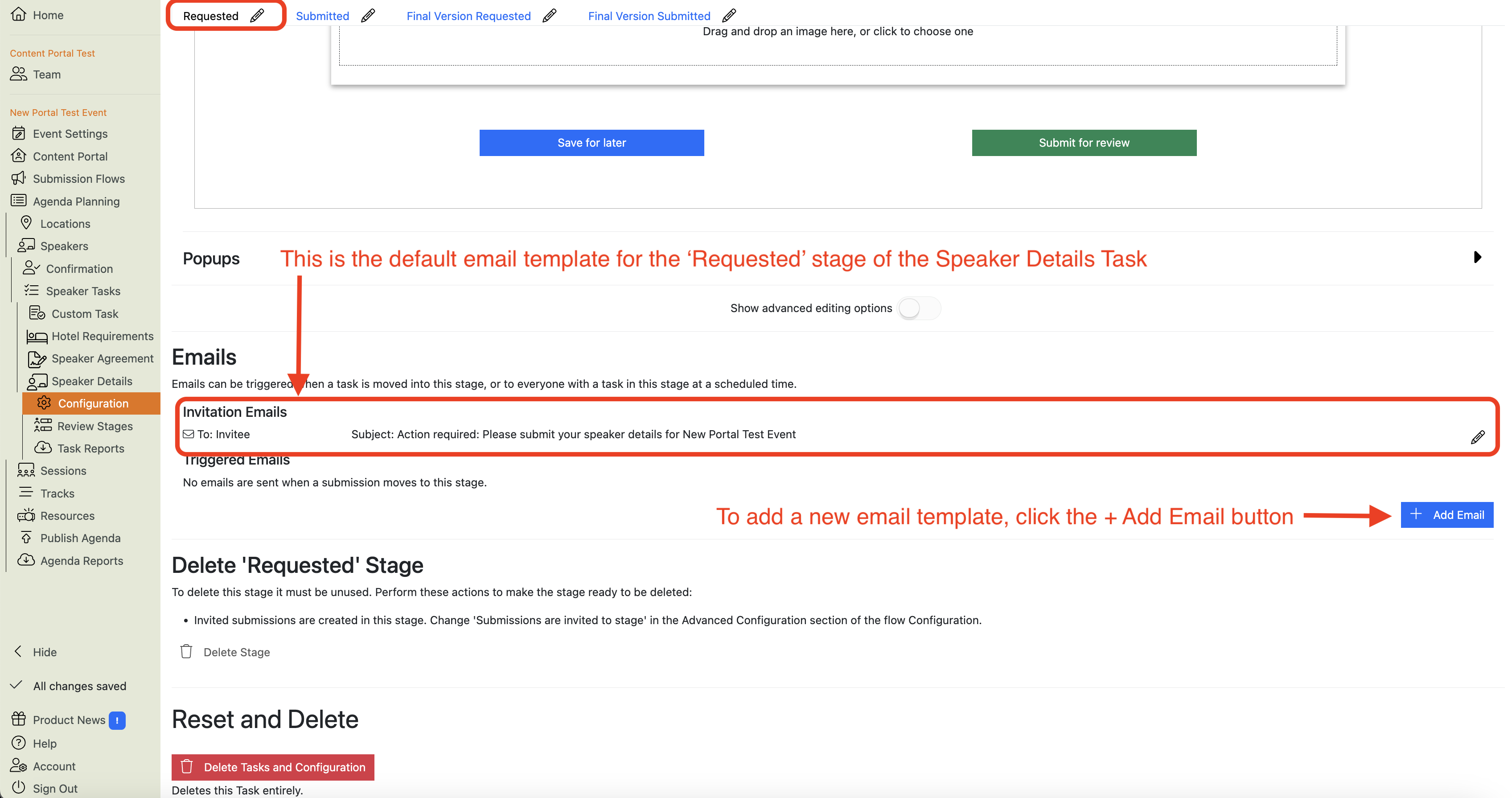 Screenshot of the Speaker Details Task Configuration page highlighting how to add a new email template