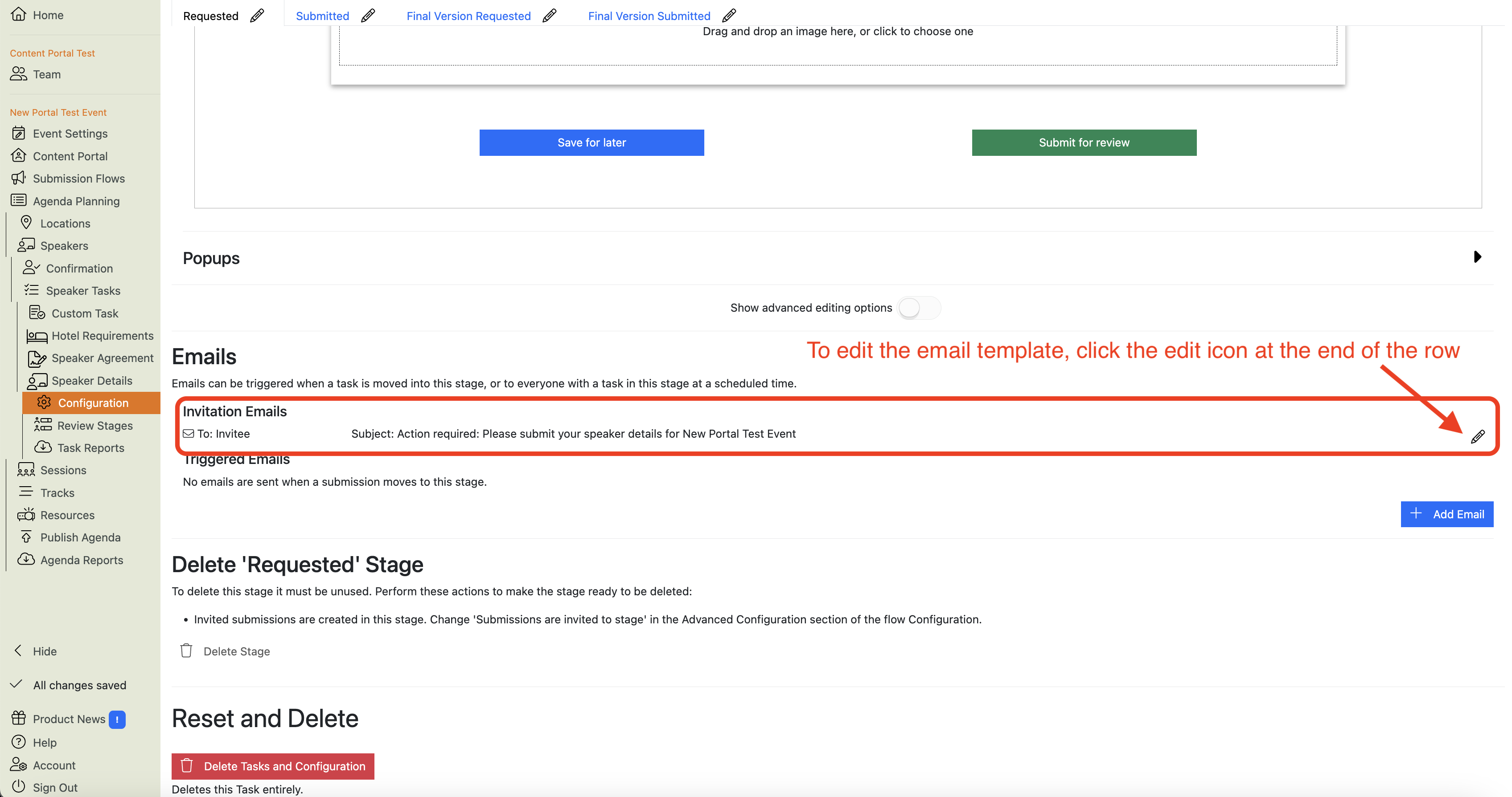 Screenshot of the Speaker Details Task Configuration page highlighting how to edit the email template