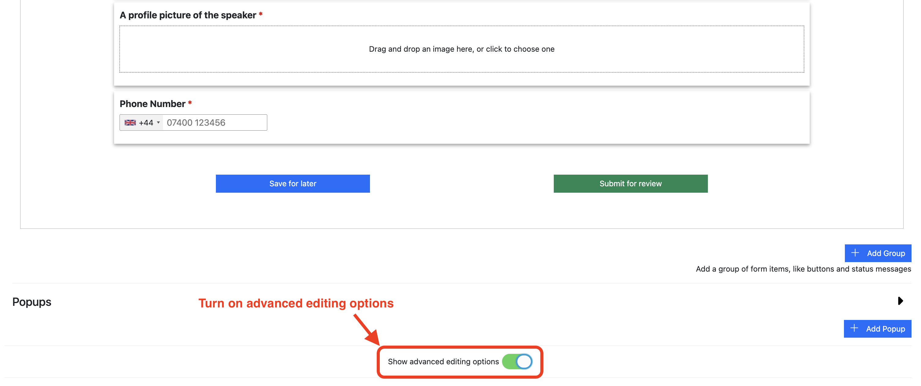 Screenshot showing Speaker Task Form: show advanced editing options toggle