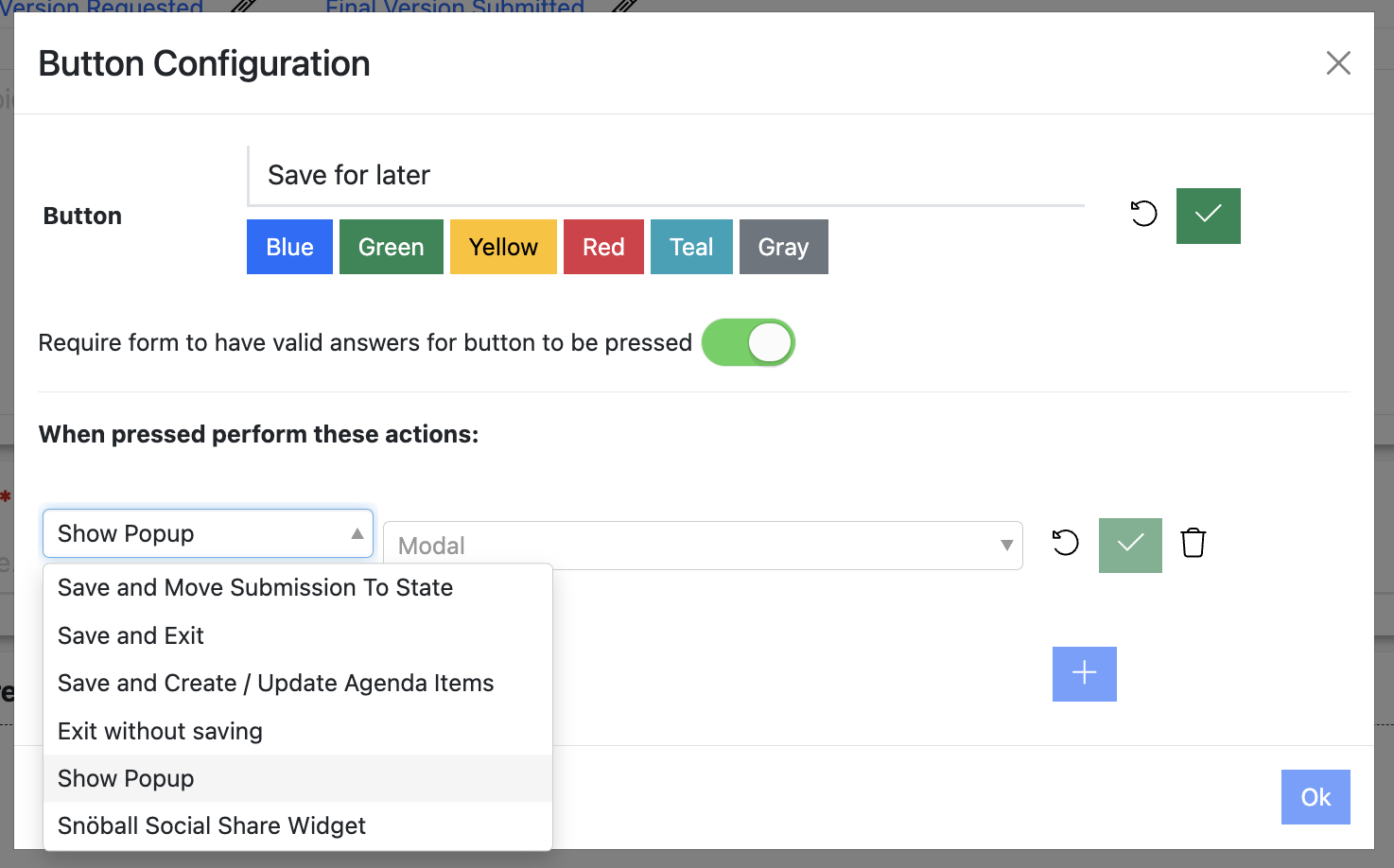 Screenshot of the Speaker Task: form button advanced edit popup