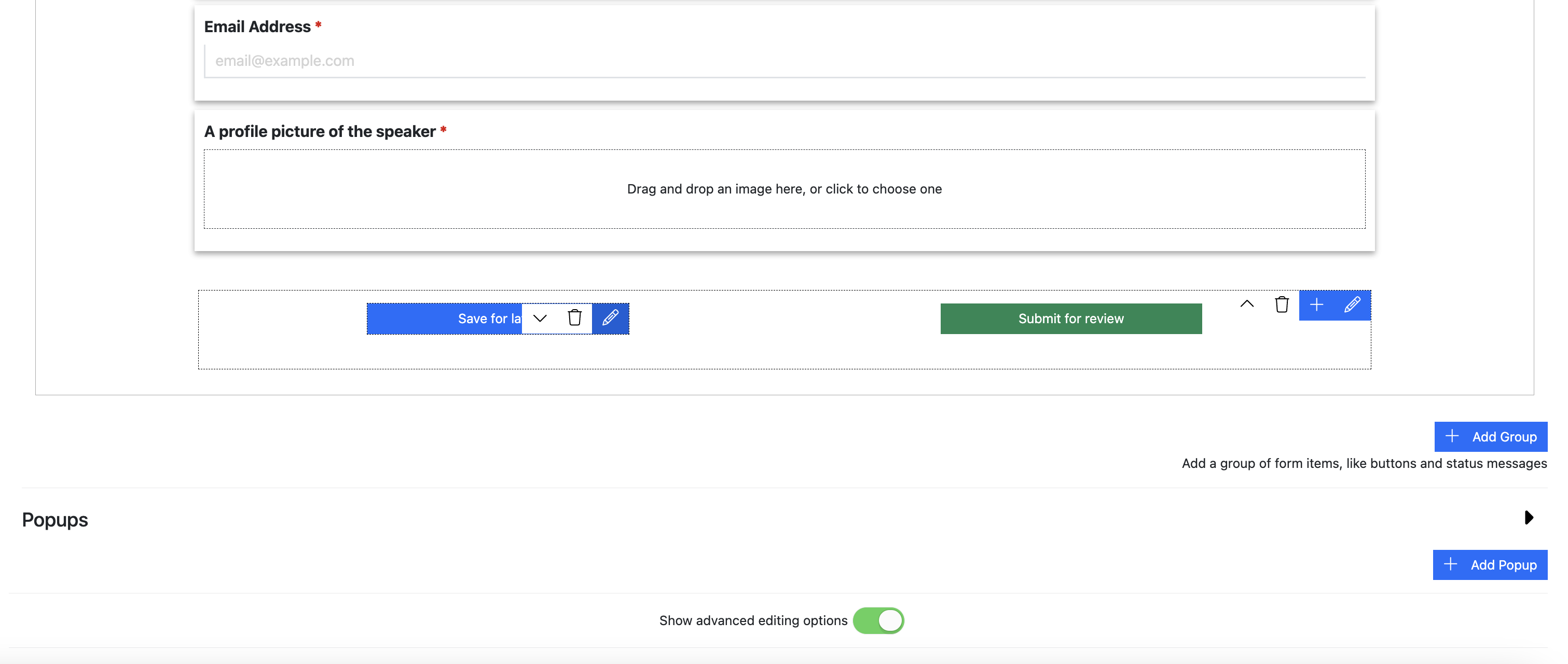 Screenshot of the Speaker Task Form showing the effect of hovering over a button