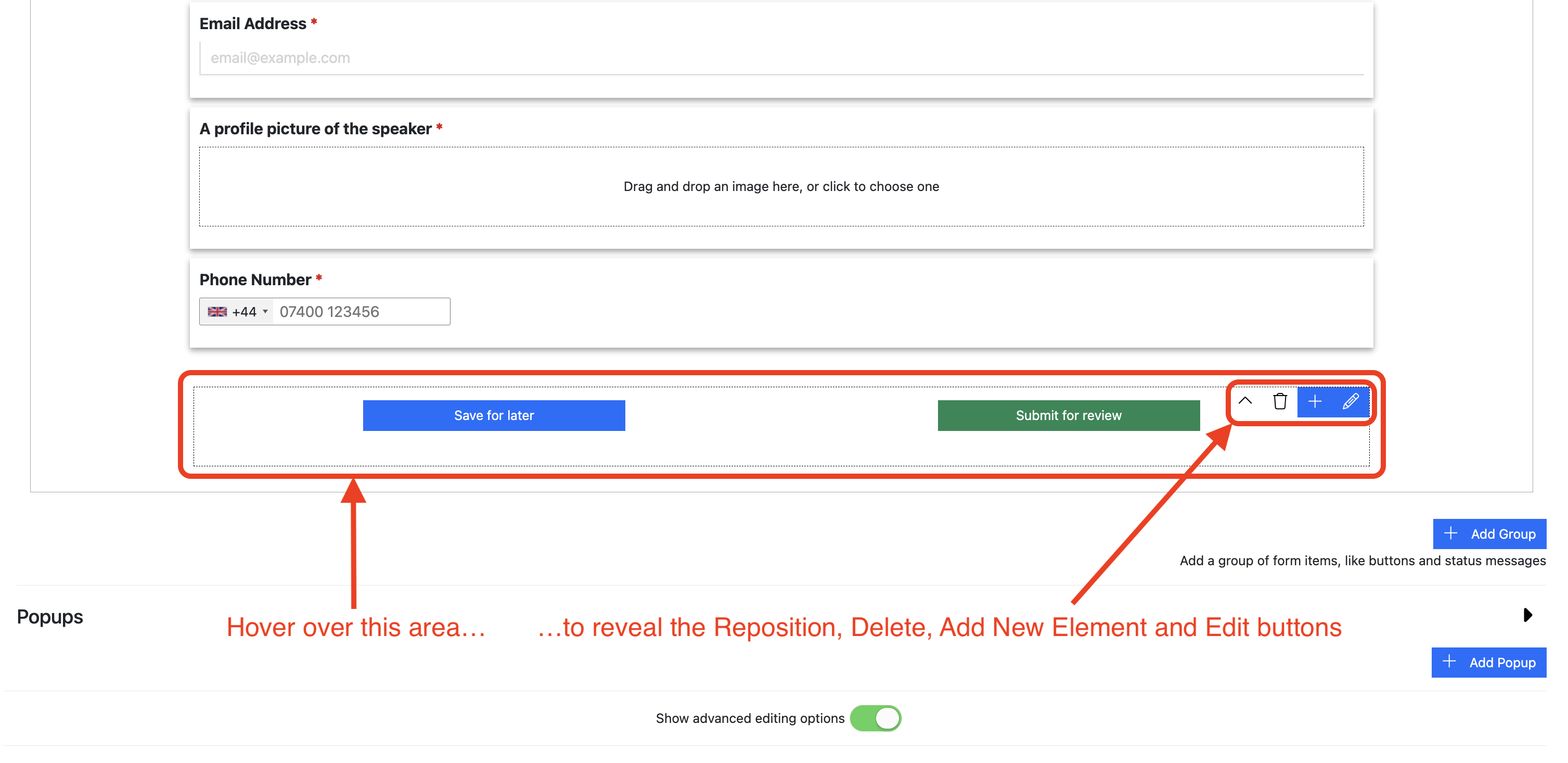 Screenshot of the Speaker Task Form Configuration showing the effect of hovering over the group containing the buttons at the bottom of the form