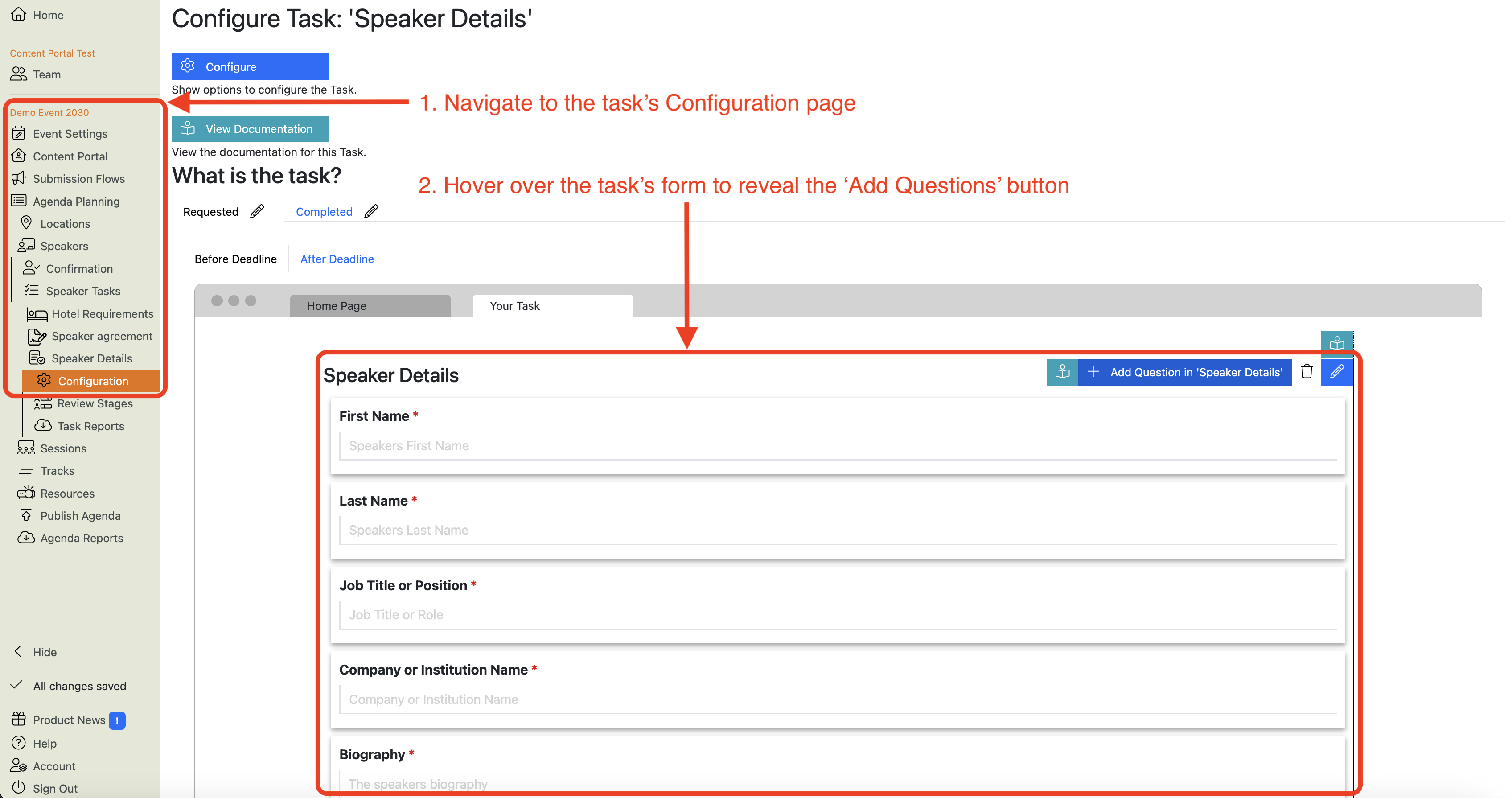 Screenshot of the Speaker Task Configuration page, showing the effect of hovering over the form