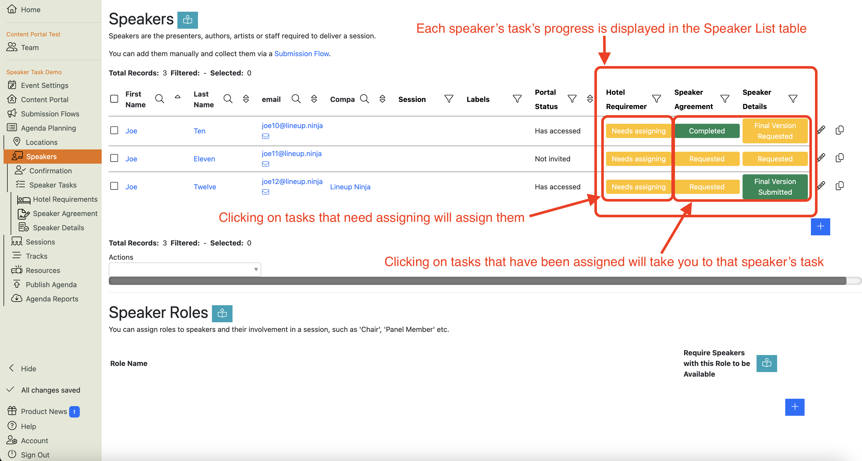 Screenshot of the Speaker List highlighting Speaker Tasks