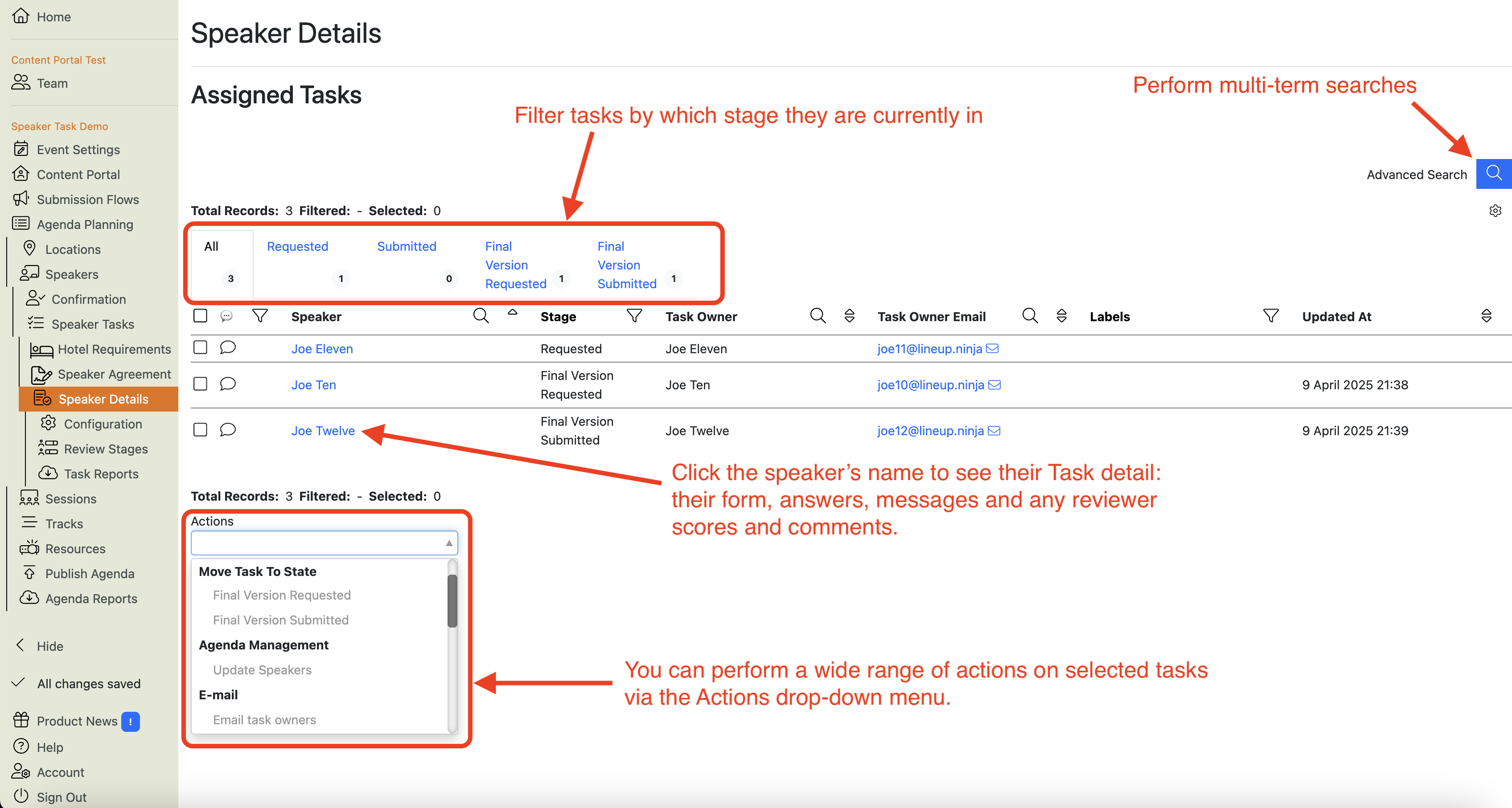Screenshot of the Speaker Details Task home page