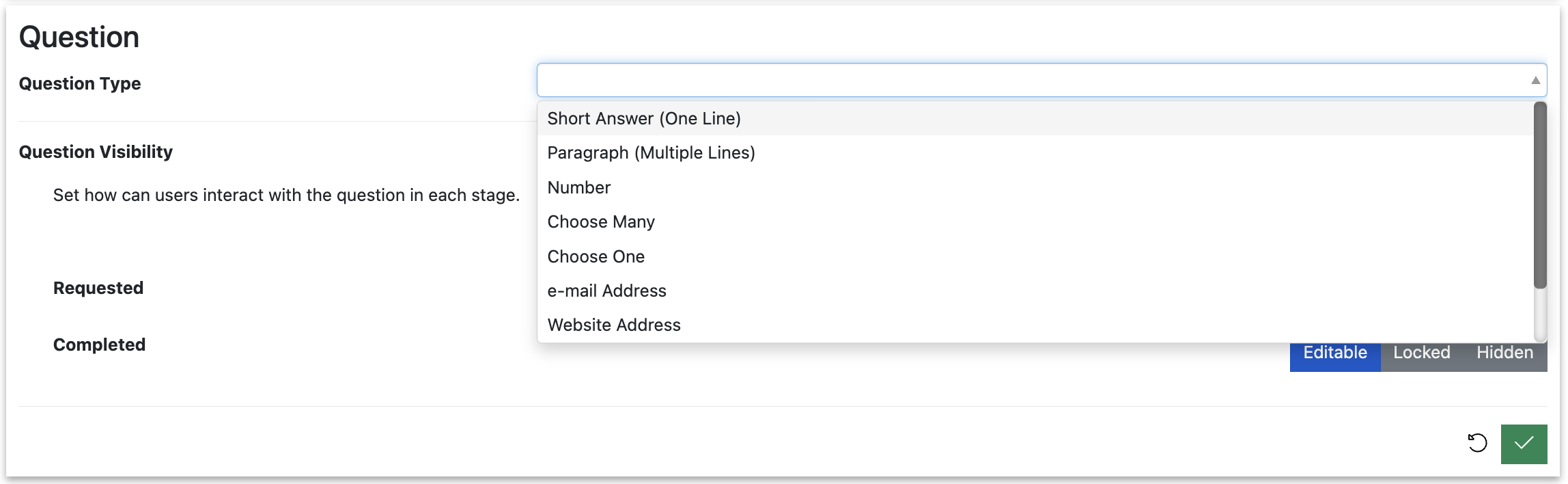Screenshot of the Speaker Task Configuration View showing a new custom question which is open for editing, with the question type drop-down menu open