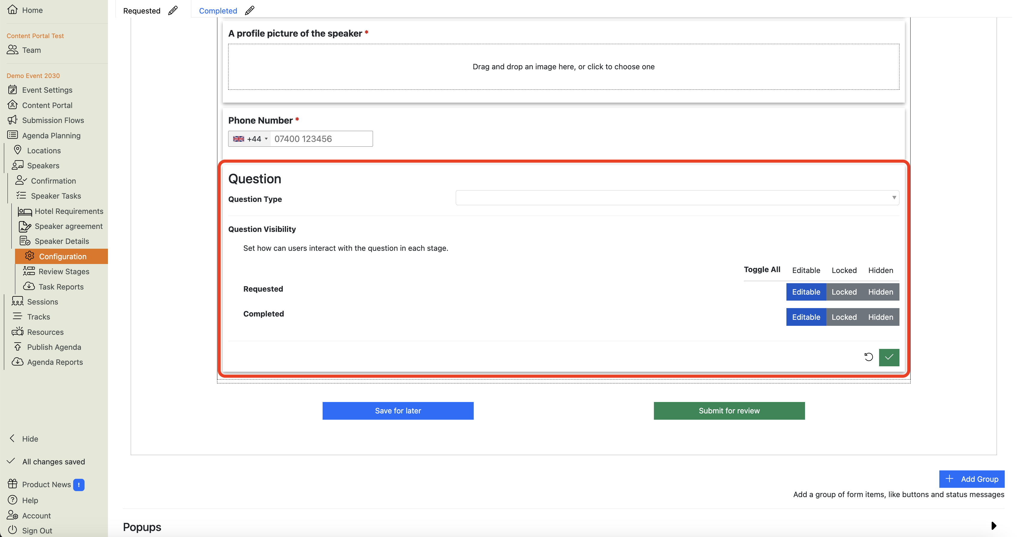Screenshot of the Speaker Task Configuration view, showing a new custom question which is open for editing