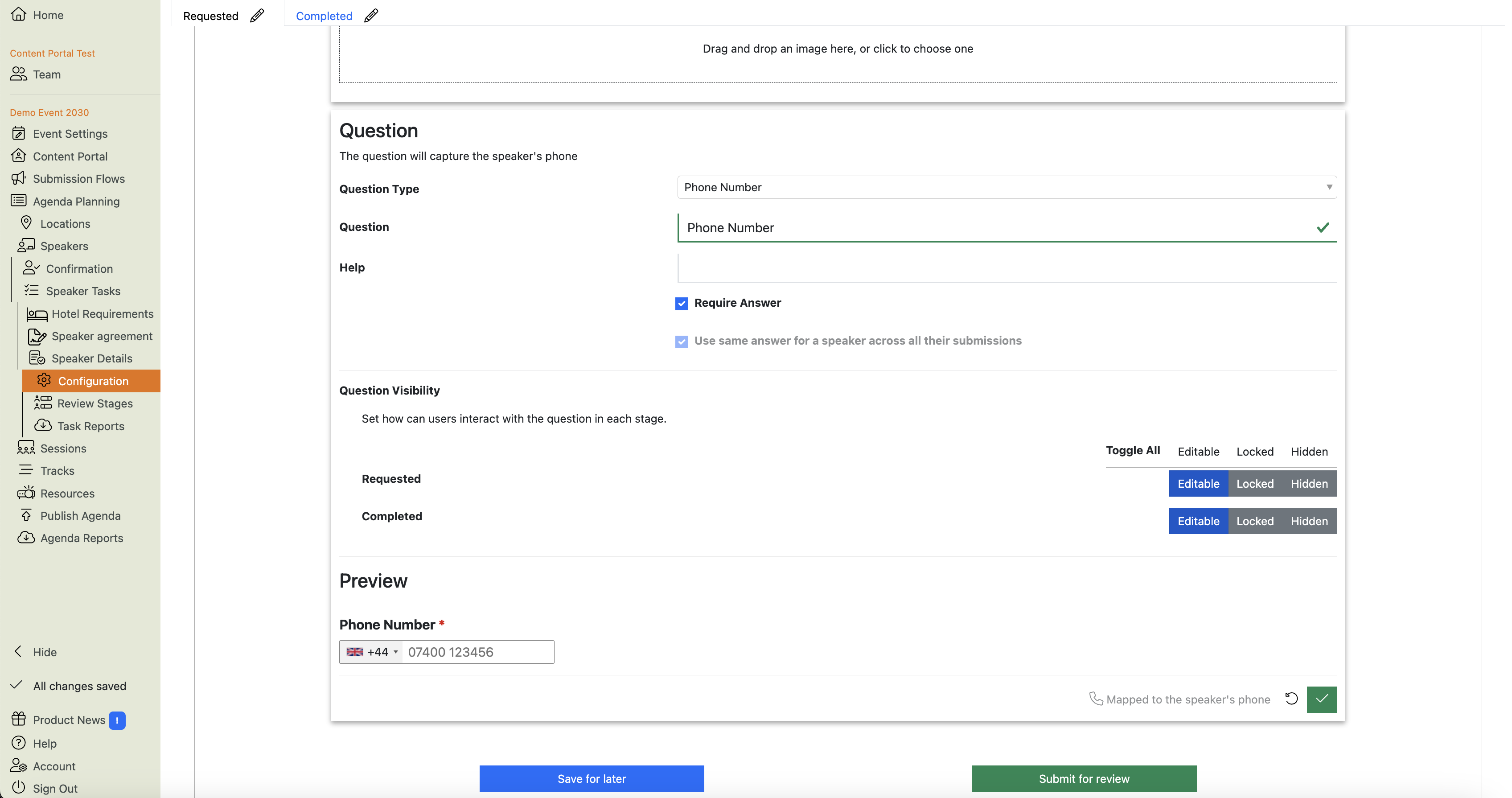 Screenshot of the Speaker Task Configuration page showing the Phone Number question open for editing
