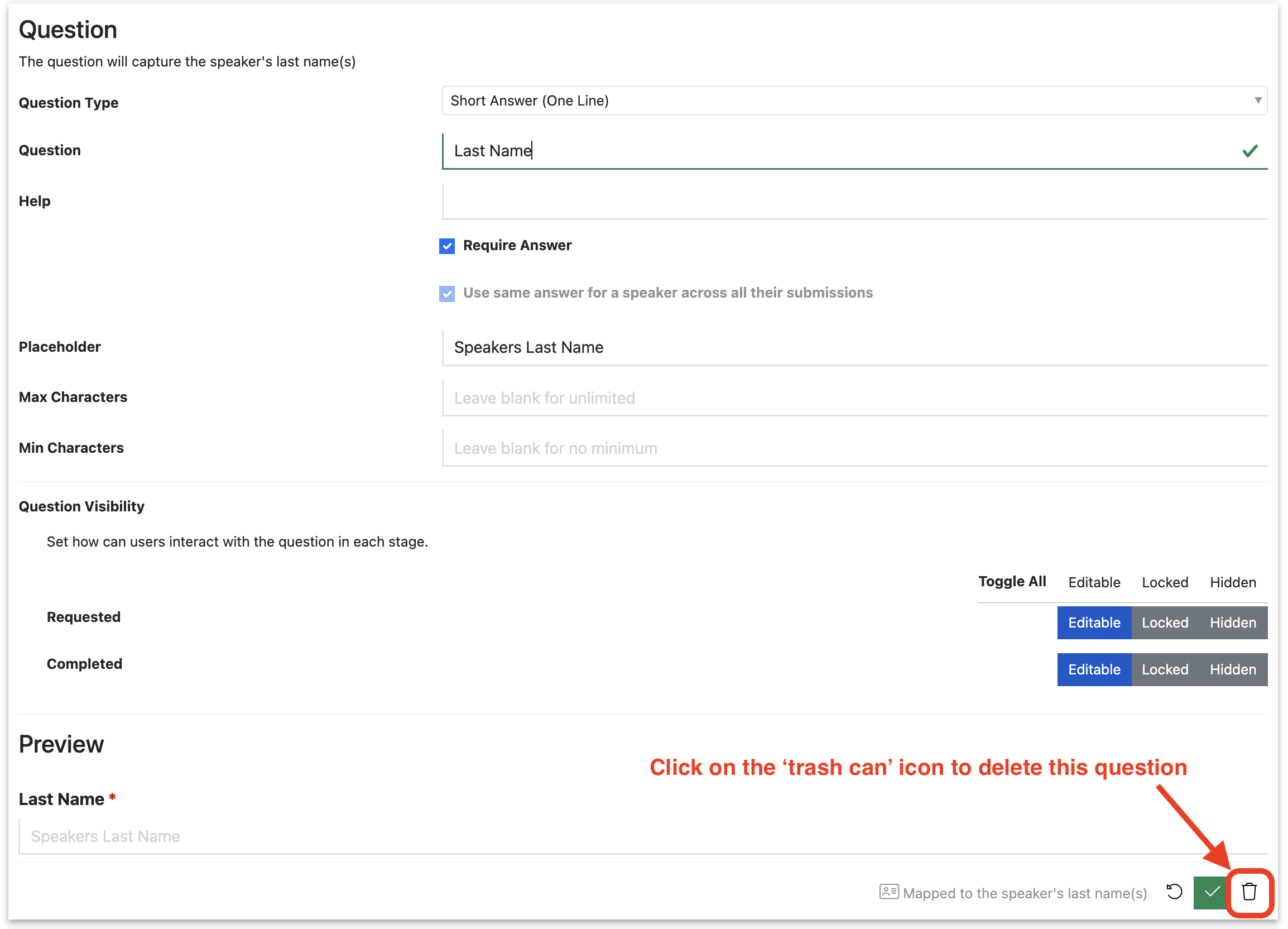 Screenshot of a Speaker Task Question which is open for editing, highlighting the delete button