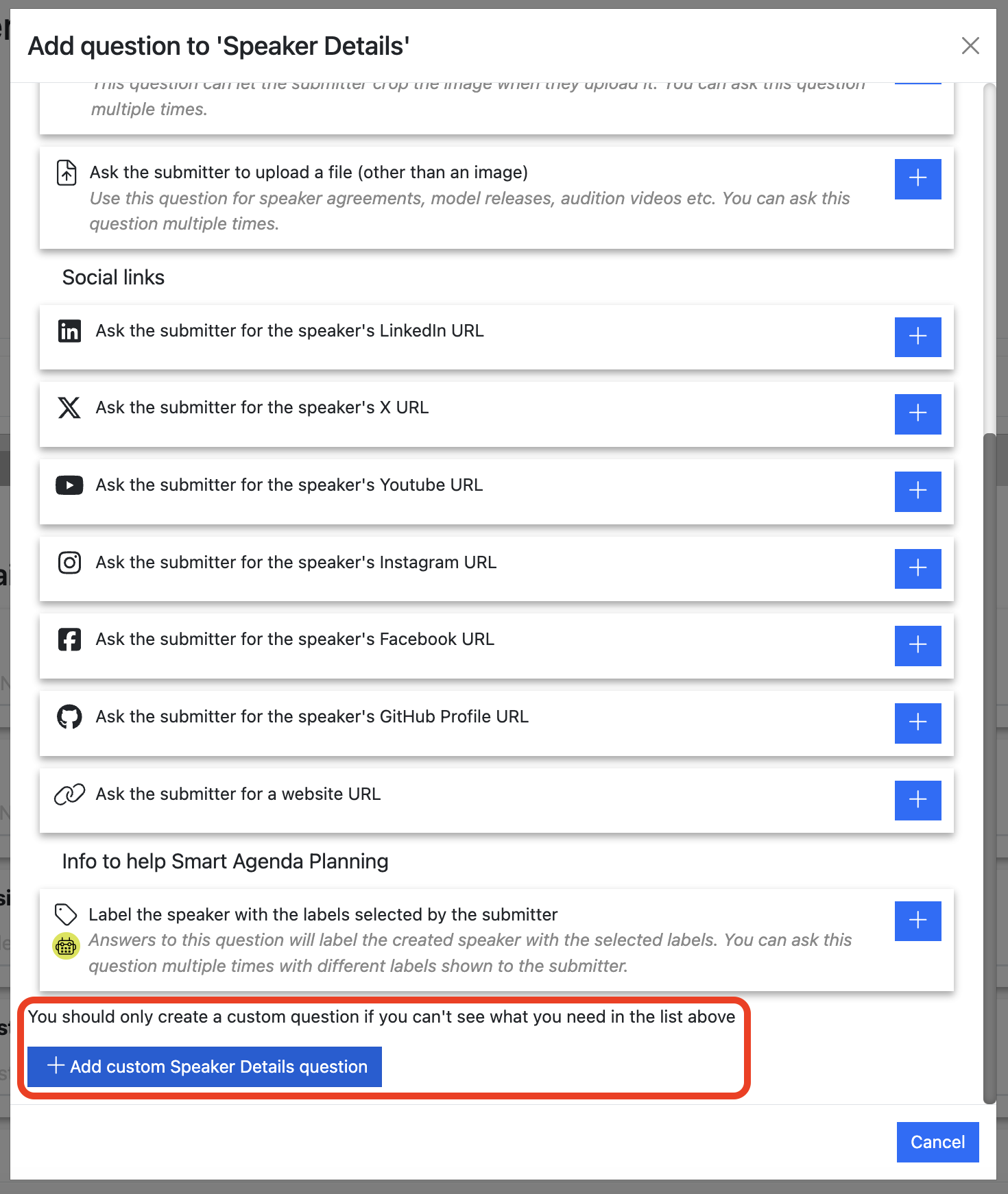 Screenshot of the Speaker Tasks question list showing the Add Custom Question button
