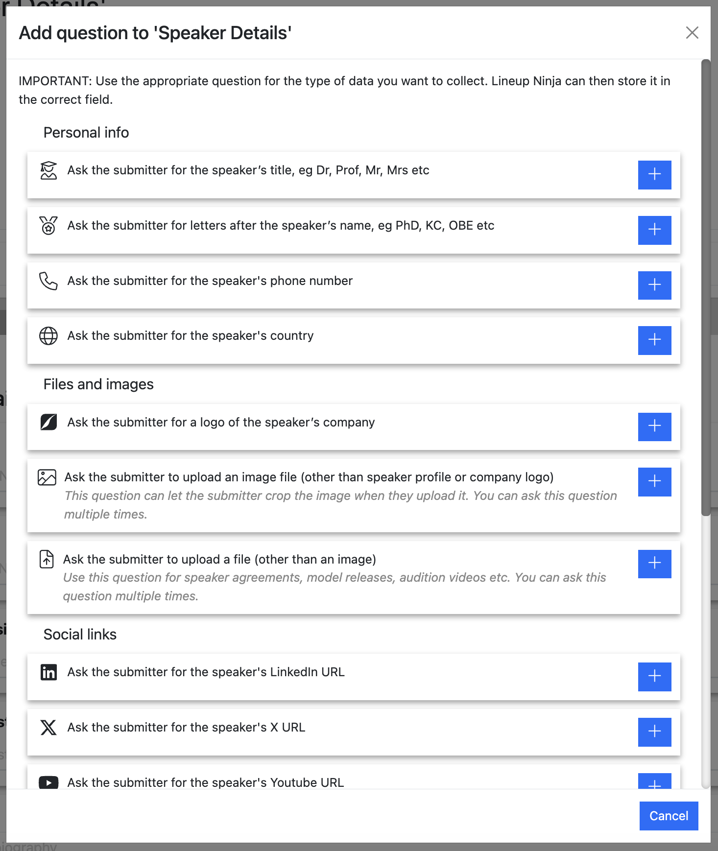 screenshot of the list of standard speaker questions