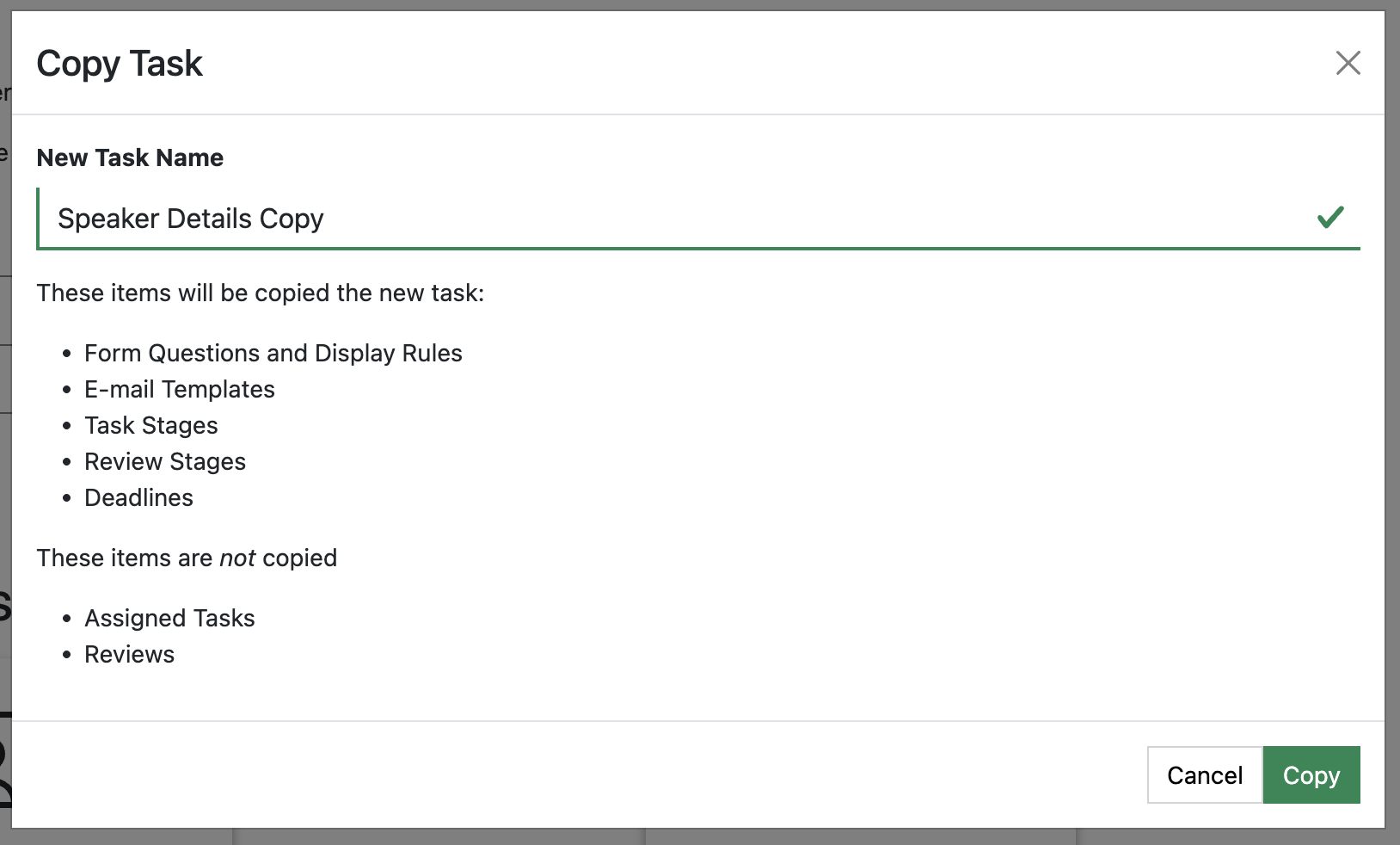 Screenshot of the Speaker Tasks Copy Dialogue