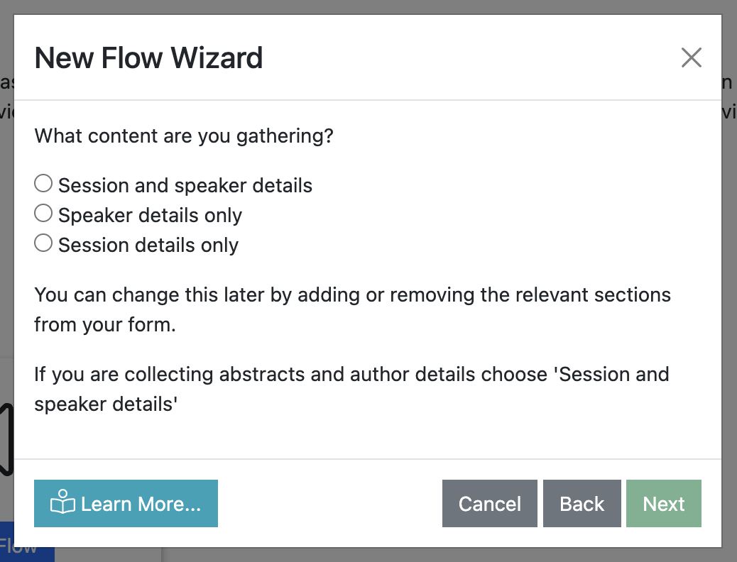 Screenshot of the New Flow Wizard asking what content