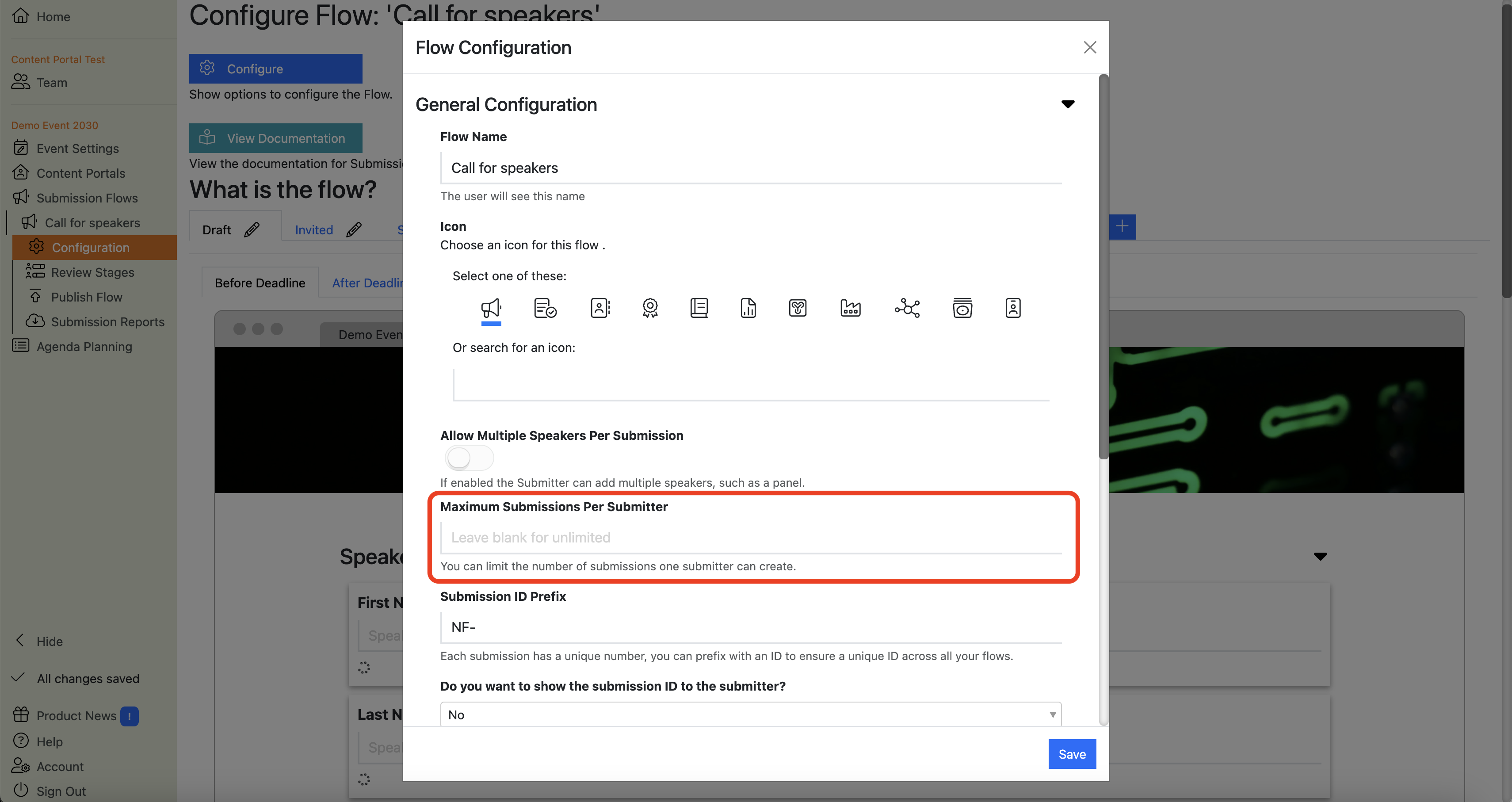 Screenshot of the Submission Flow Configuration dialogue popup highlighting the "Maximum Submissions per Submitter" field
