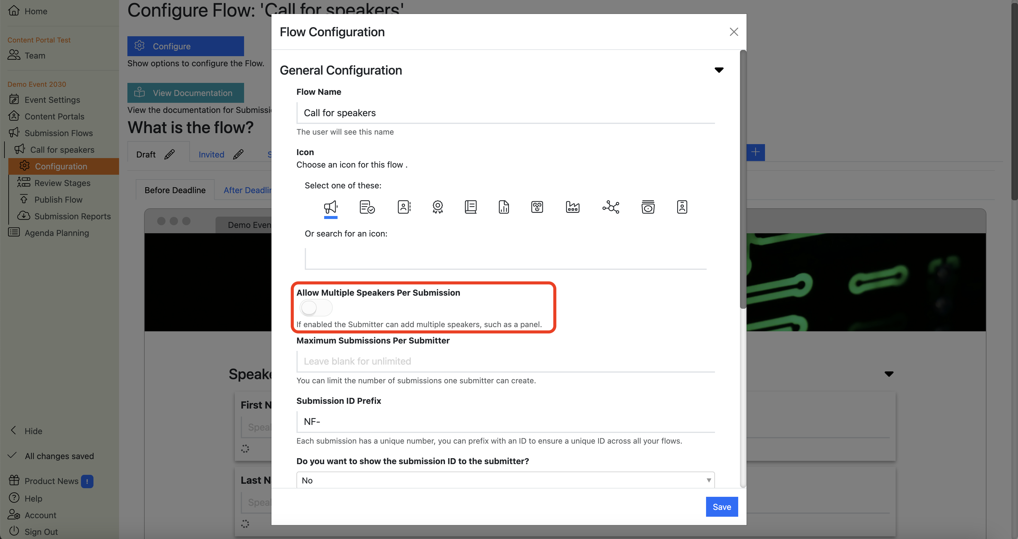 Screenshot of the Submission Flow Configuration dialogue popup highlighting the "Allow Multiple Speaker per Submission" toggle
