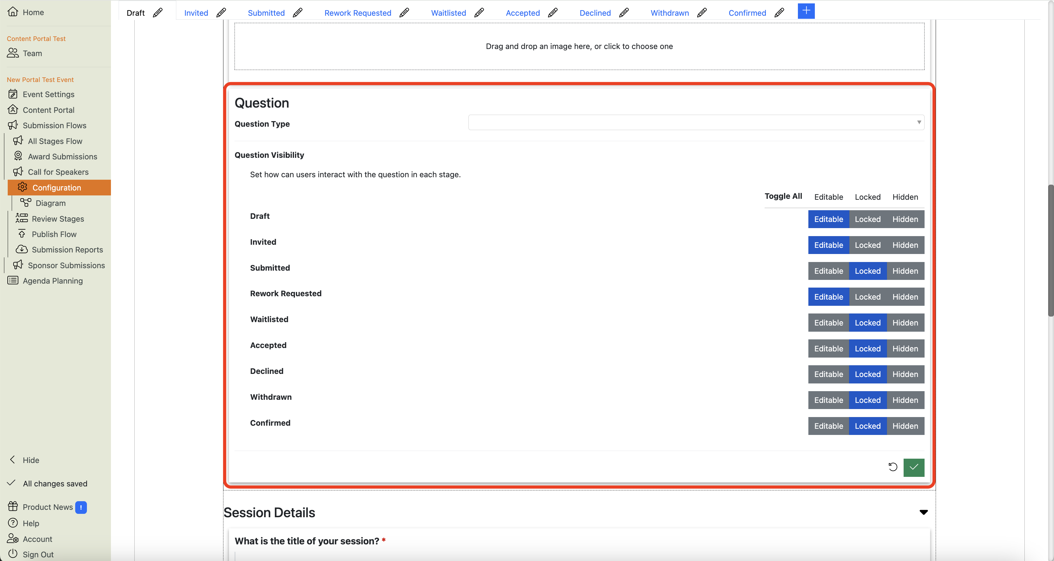Screenshot of the Submission Flow Configuration view, showing a new custom question which is open for editing