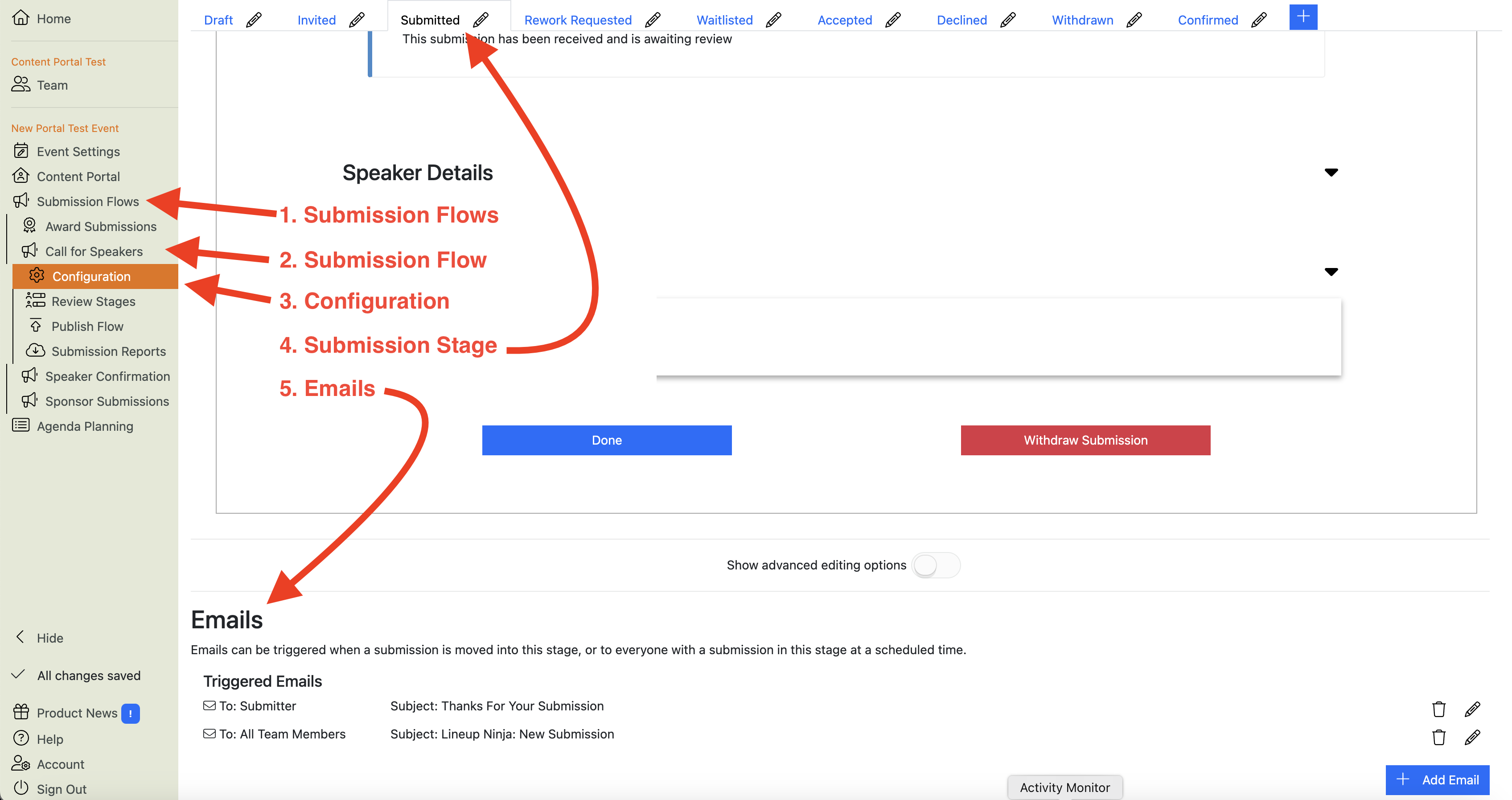 Screenshot showing how to navigate to Email templates within Submission Flows